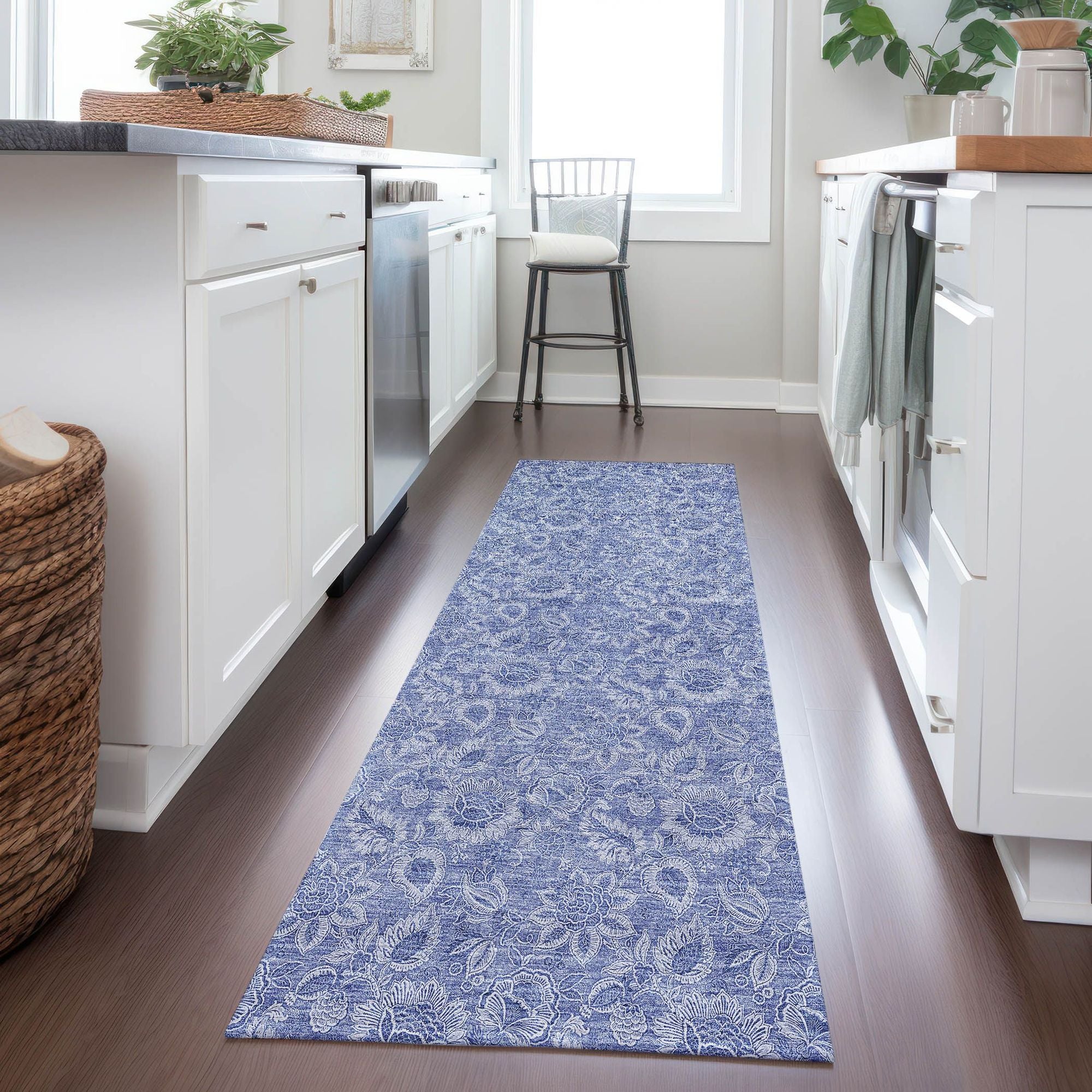 Machine Washable Denim Blue Rug - Indoor / Outdoor - Kids / Pet Friendly Floral Print Rug