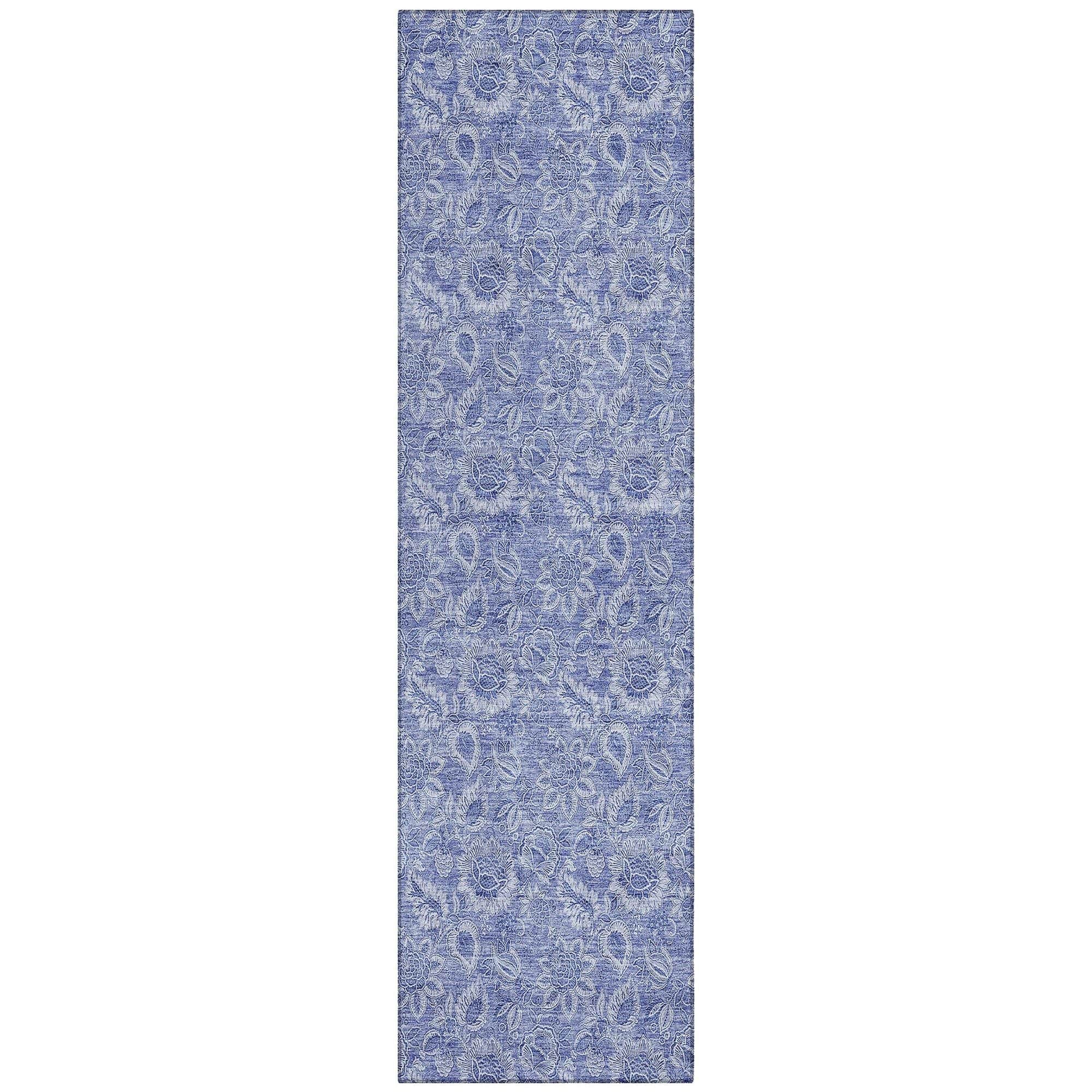Machine Washable Denim Blue Rug - Indoor / Outdoor - Kids / Pet Friendly Floral Print Rug