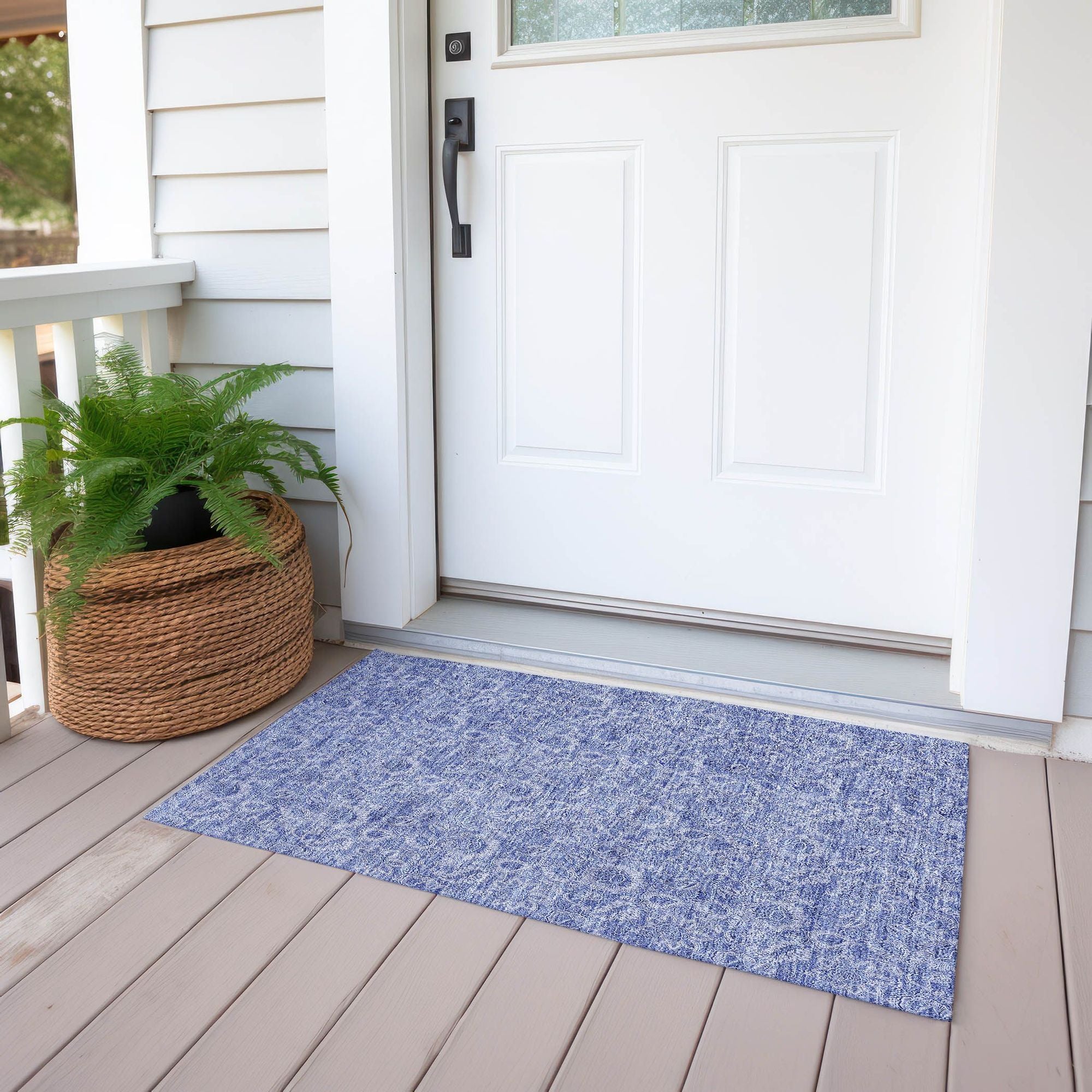 Machine Washable Denim Blue Rug - Indoor / Outdoor - Kids / Pet Friendly Floral Print Rug