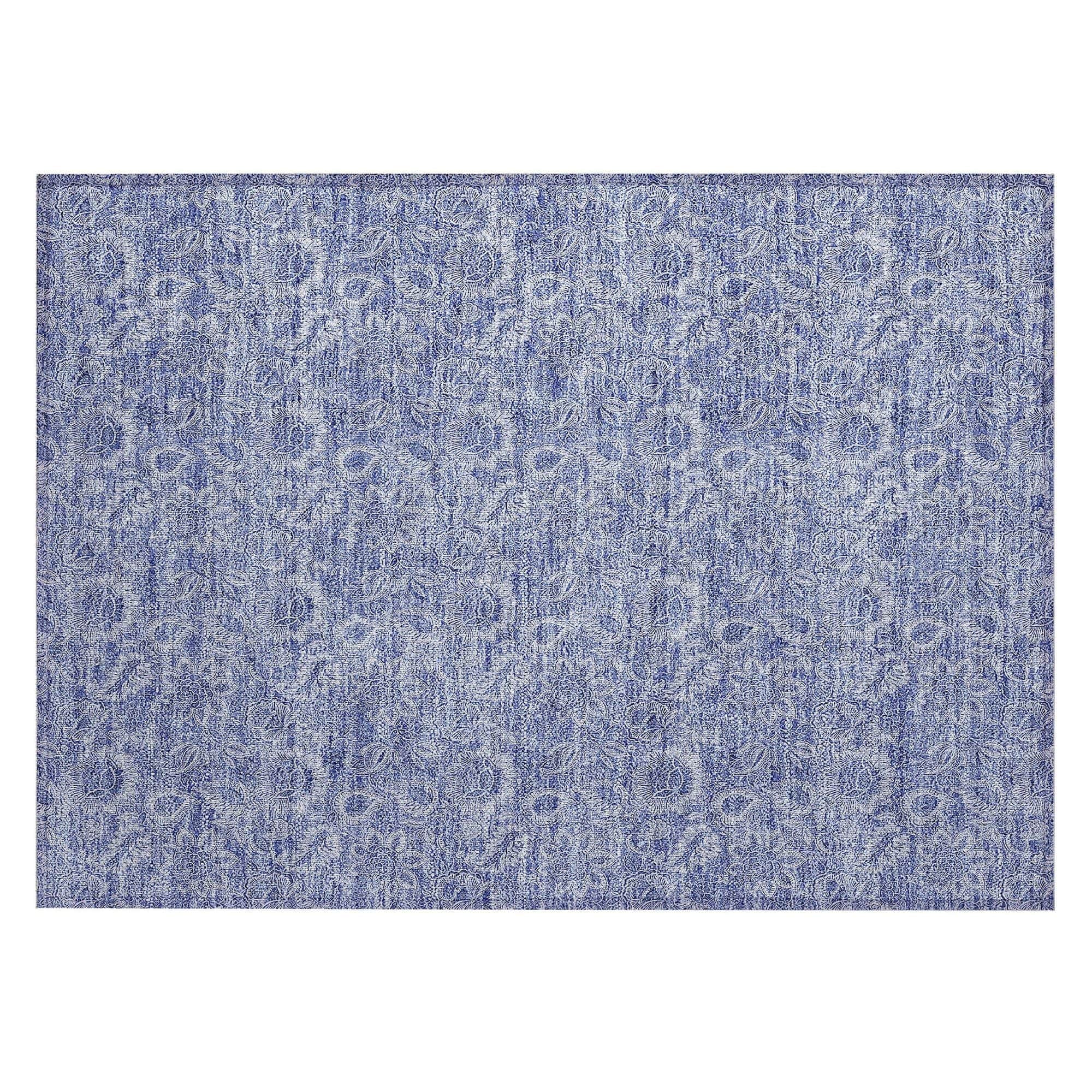 Machine Washable Denim Blue Rug - Indoor / Outdoor - Kids / Pet Friendly Floral Print Rug