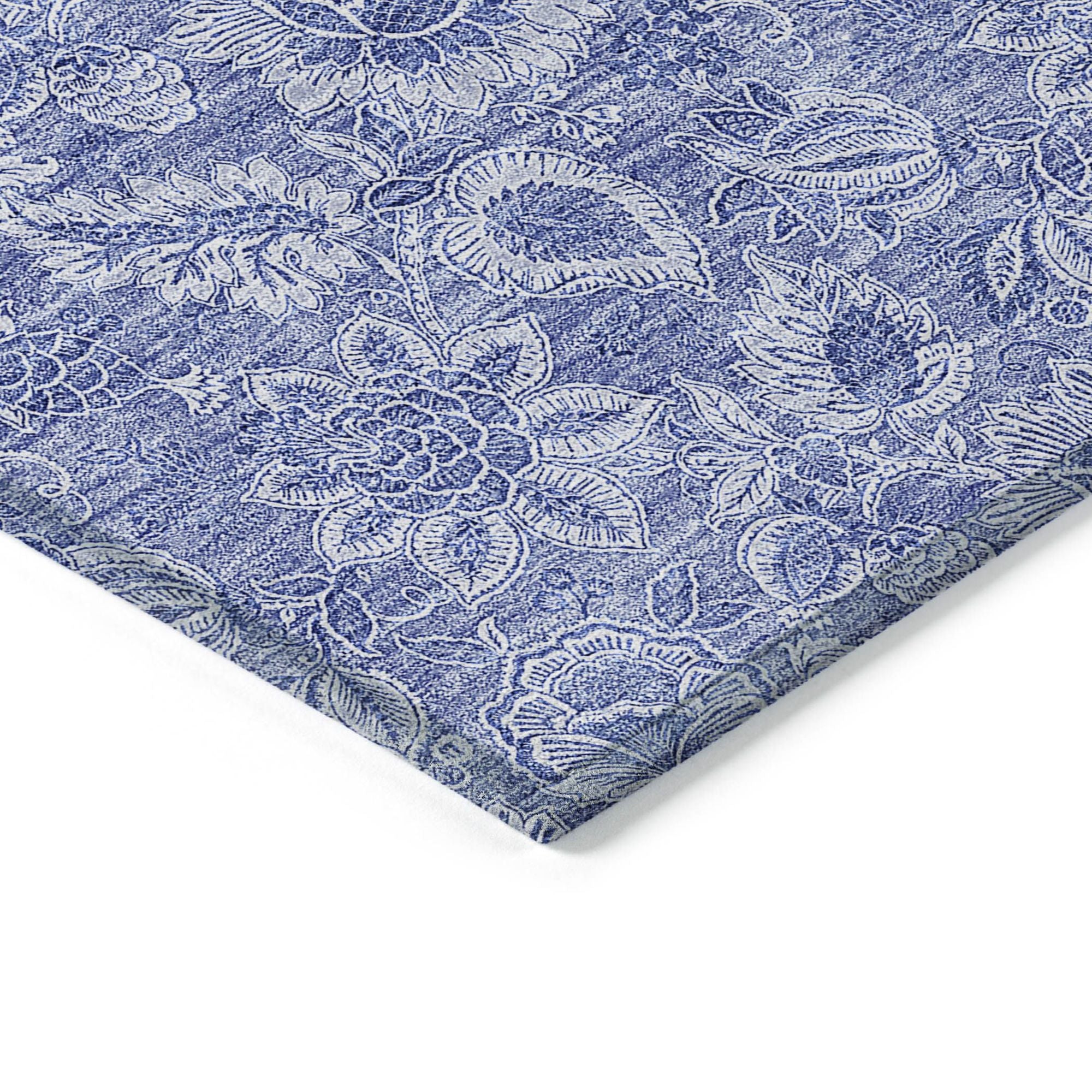 Machine Washable Denim Blue Rug - Indoor / Outdoor - Kids / Pet Friendly Floral Print Rug