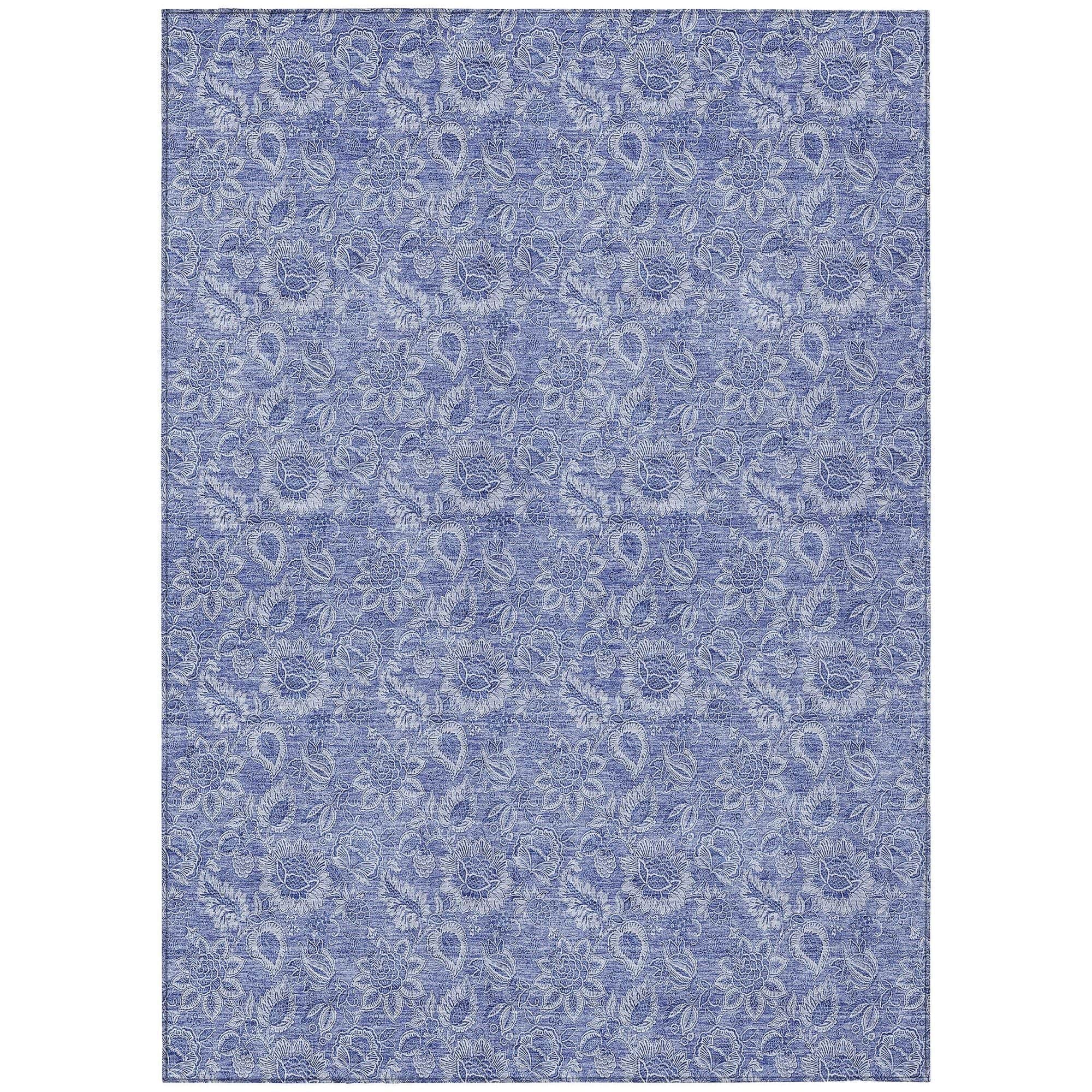 Machine Washable Denim Blue Rug - Indoor / Outdoor - Kids / Pet Friendly Floral Print Rug
