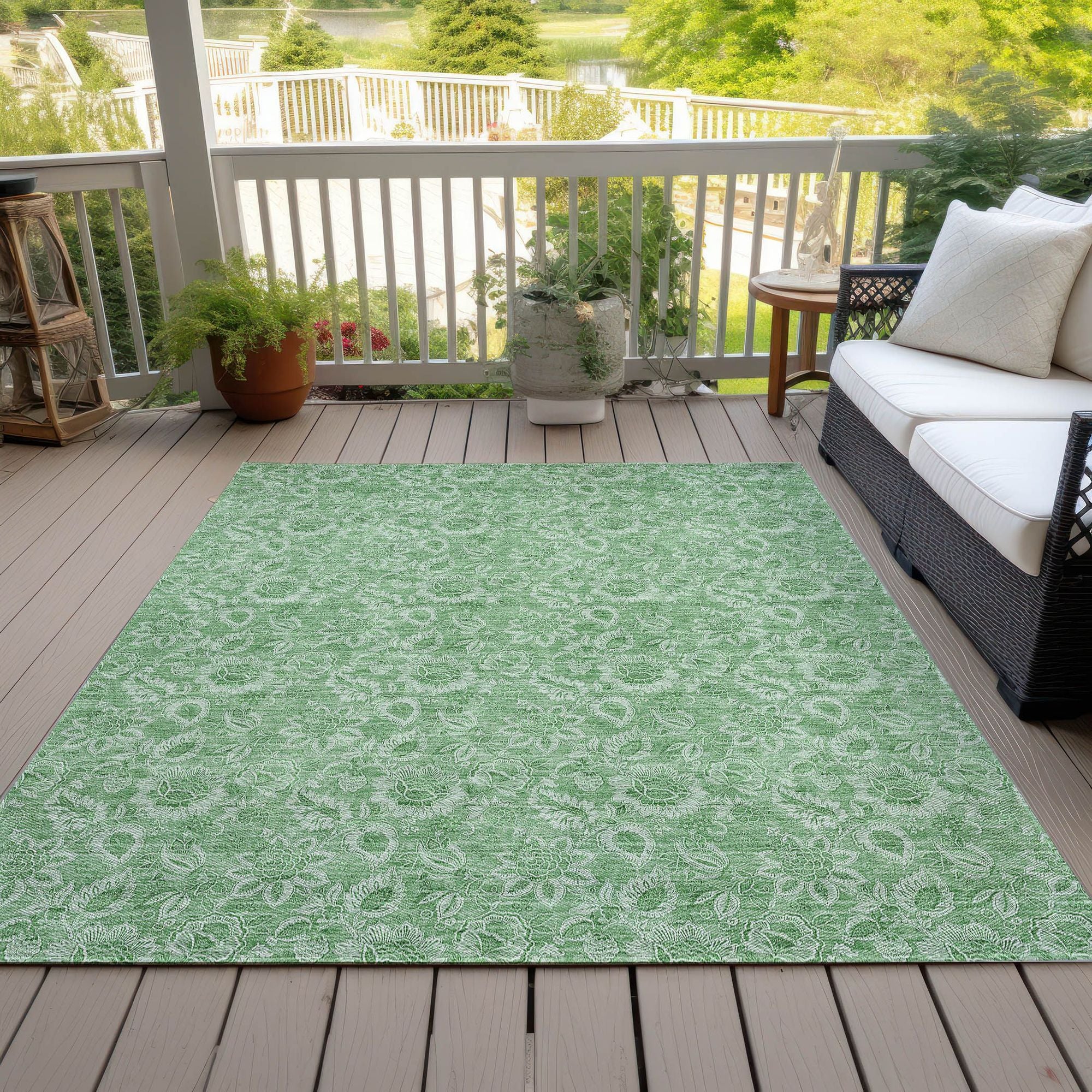 Machine Washable Green Rug - Indoor / Outdoor - Kids / Pet Friendly Floral Print Rug