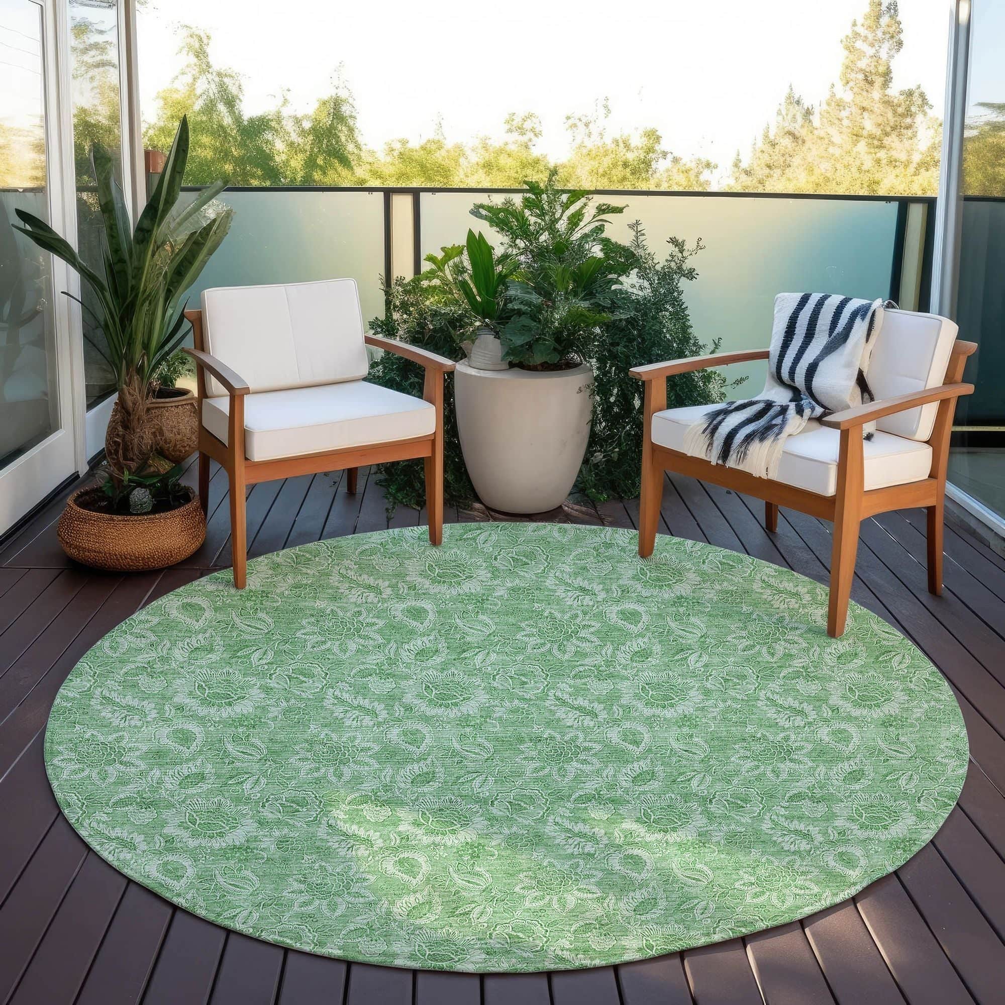 Machine Washable Green Rug - Indoor / Outdoor - Kids / Pet Friendly Floral Print Rug