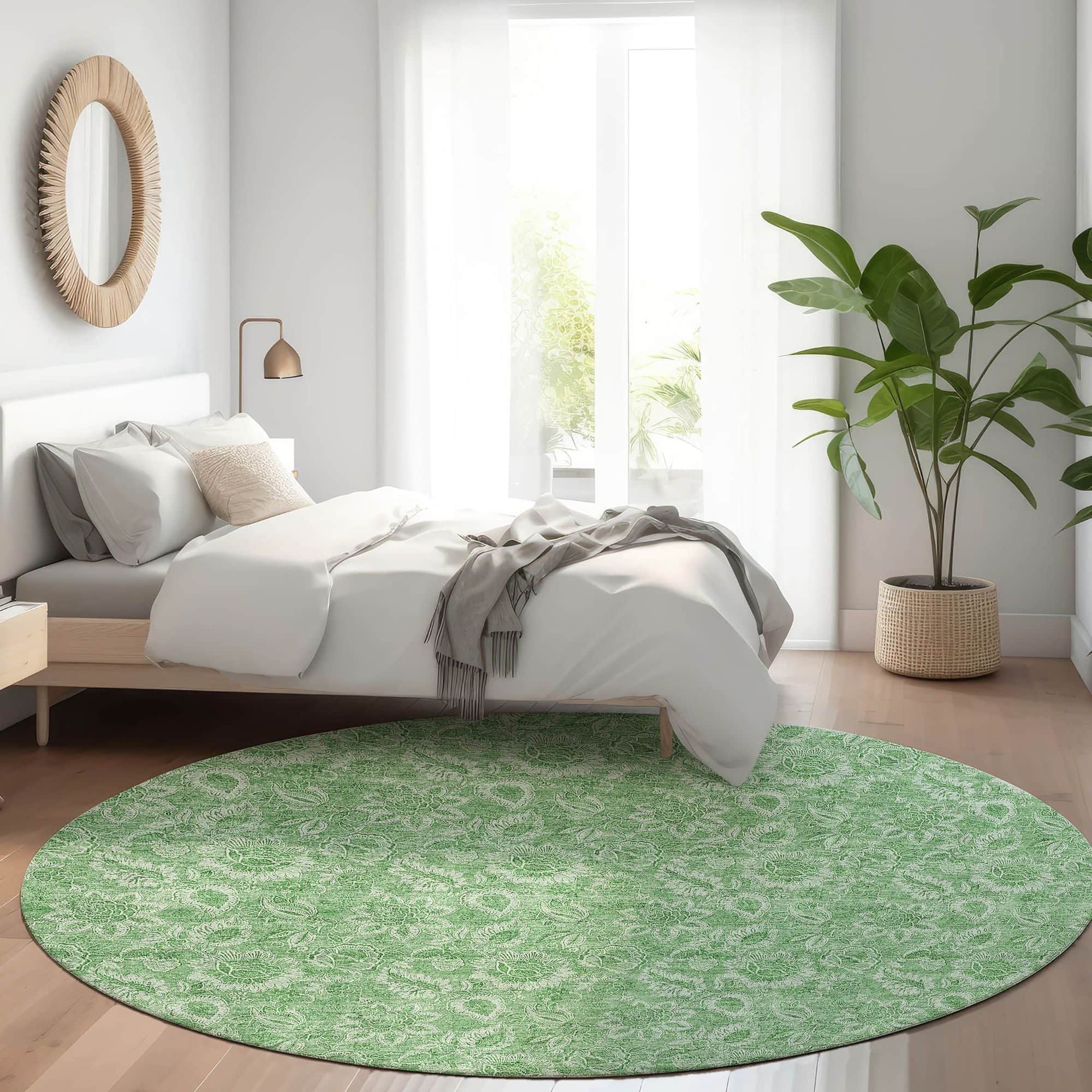 Machine Washable Green Rug - Indoor / Outdoor - Kids / Pet Friendly Floral Print Rug