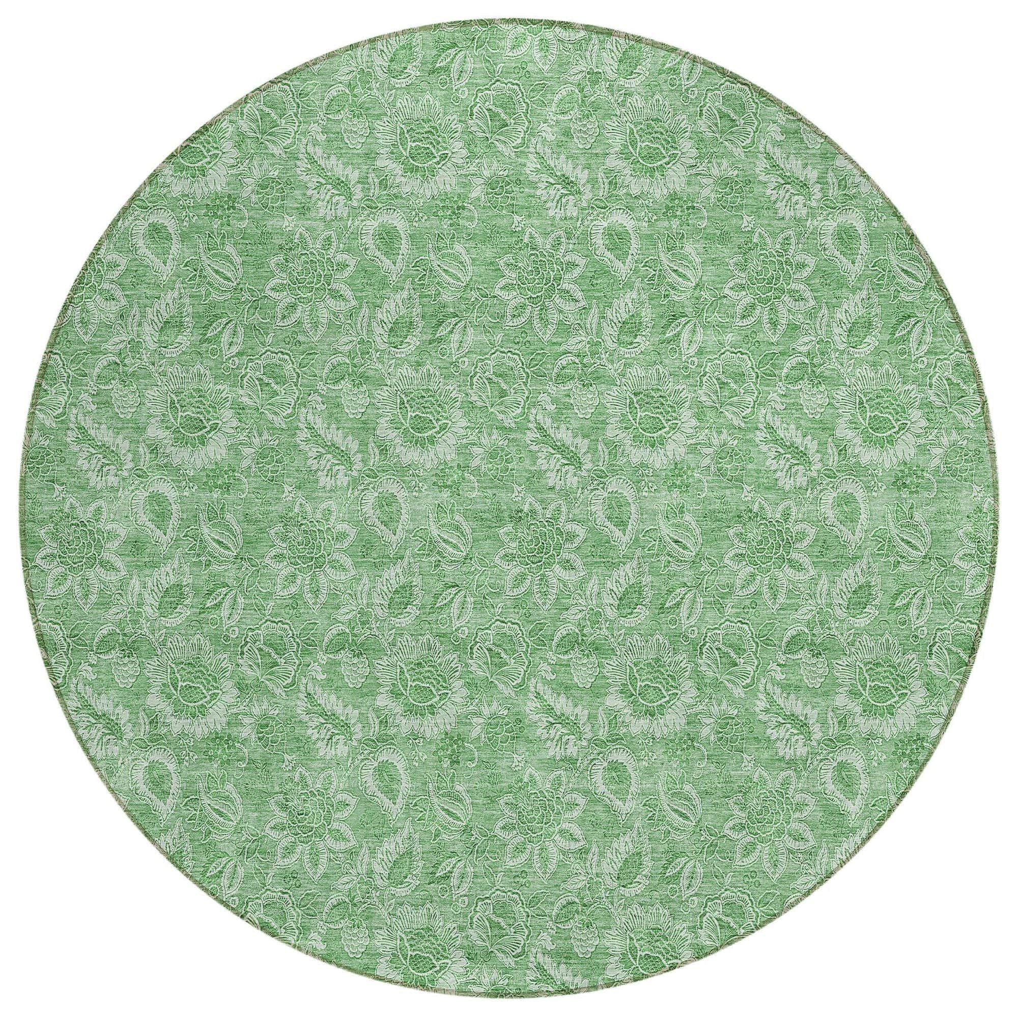 Machine Washable Green Rug - Indoor / Outdoor - Kids / Pet Friendly Floral Print Rug