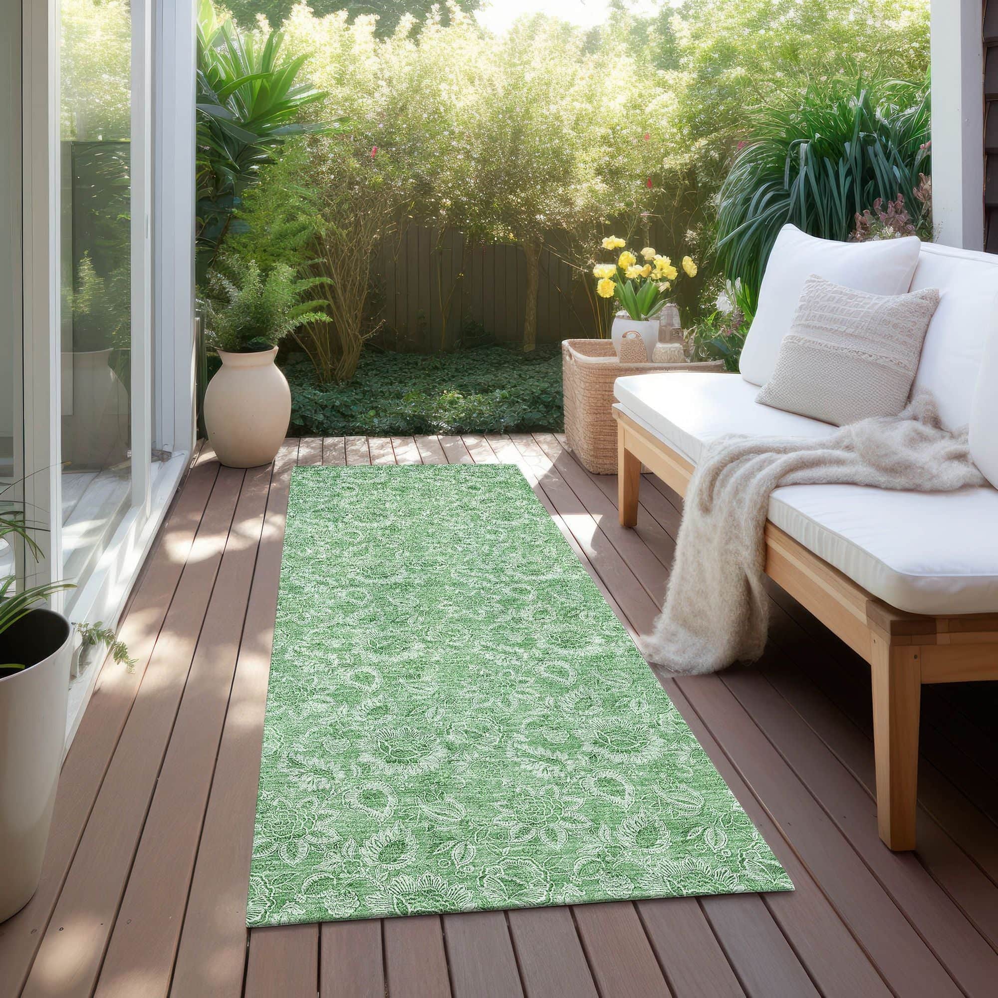 Machine Washable Green Rug - Indoor / Outdoor - Kids / Pet Friendly Floral Print Rug