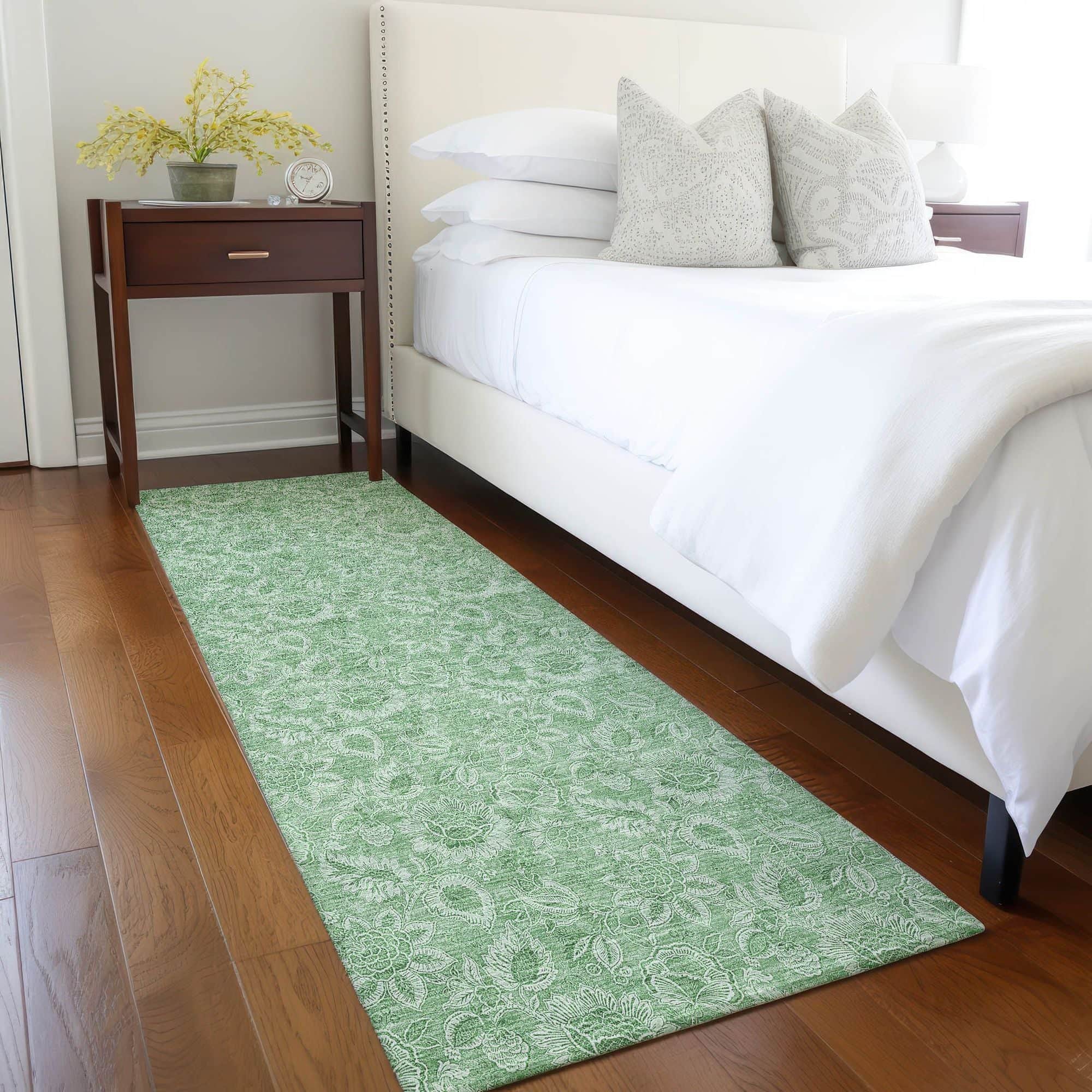 Machine Washable Green Rug - Indoor / Outdoor - Kids / Pet Friendly Floral Print Rug