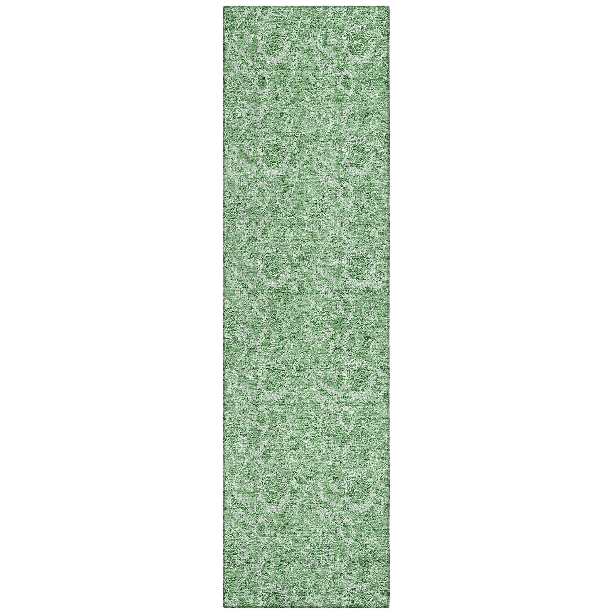 Machine Washable Green Rug - Indoor / Outdoor - Kids / Pet Friendly Floral Print Rug
