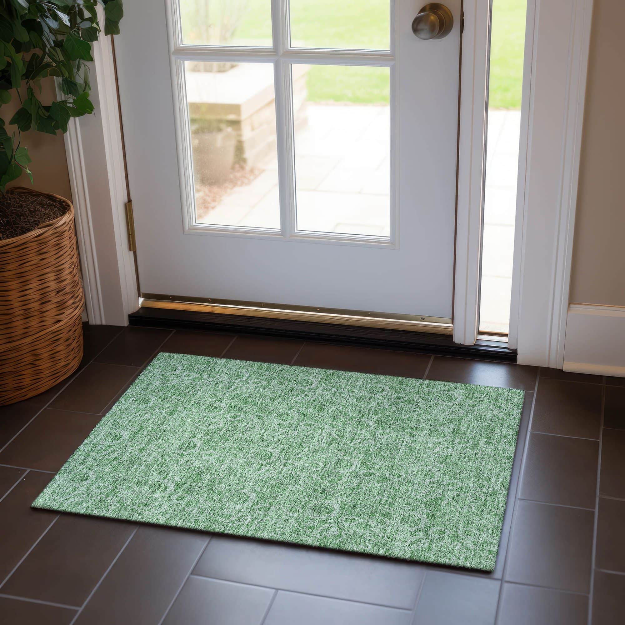 Machine Washable Green Rug - Indoor / Outdoor - Kids / Pet Friendly Floral Print Rug