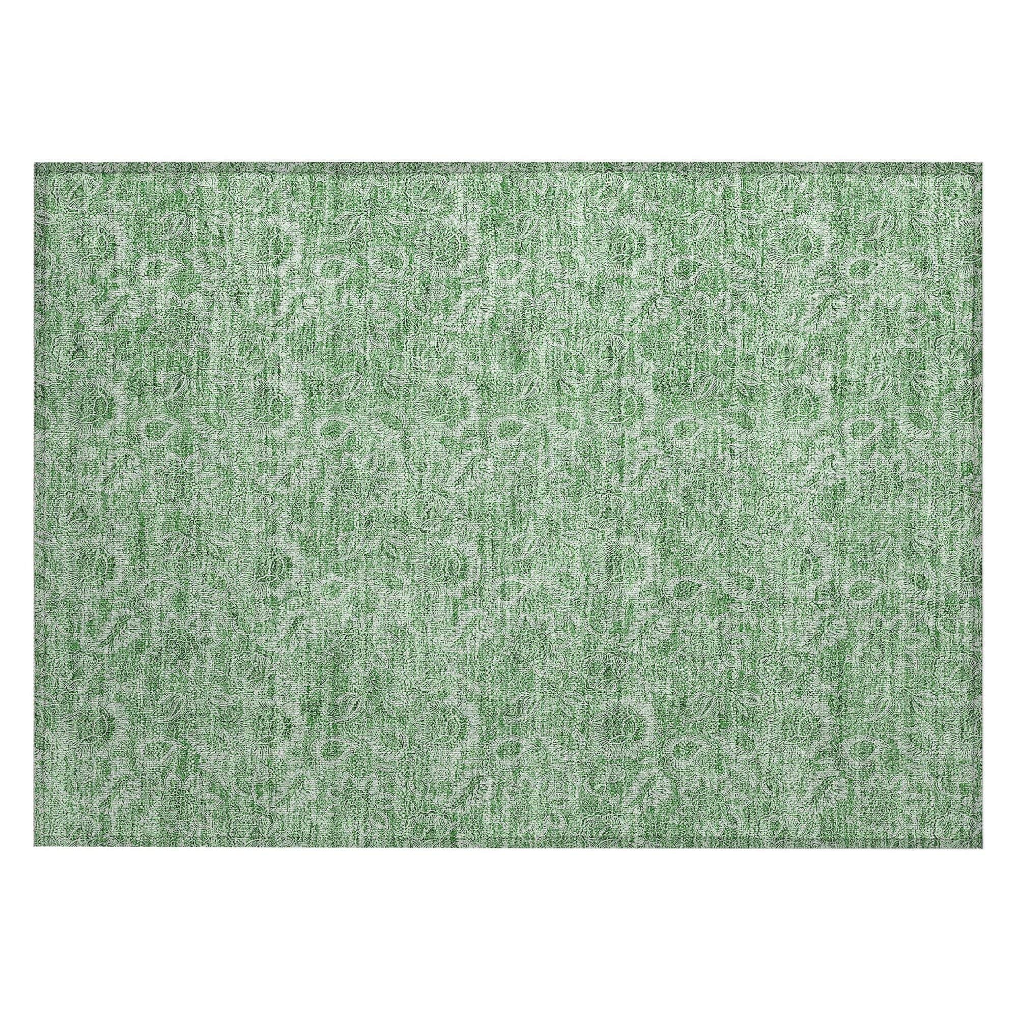 Machine Washable Green Rug - Indoor / Outdoor - Kids / Pet Friendly Floral Print Rug