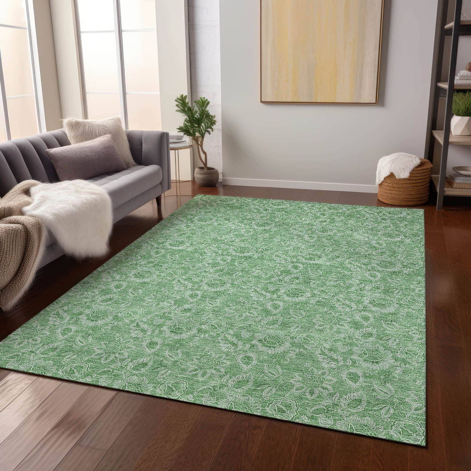 Machine Washable Green Rug - Indoor / Outdoor - Kids / Pet Friendly Floral Print Rug