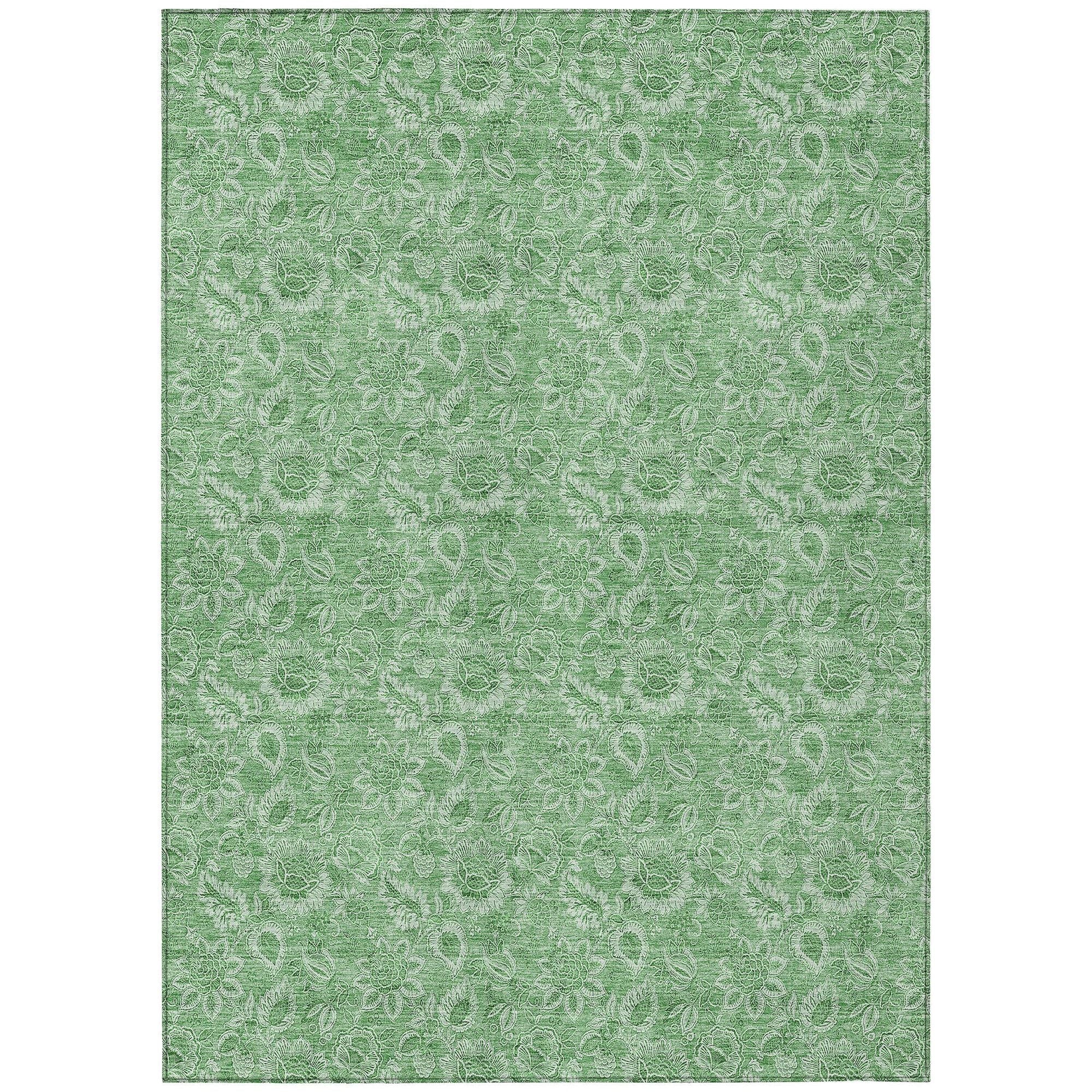 Machine Washable Green Rug - Indoor / Outdoor - Kids / Pet Friendly Floral Print Rug