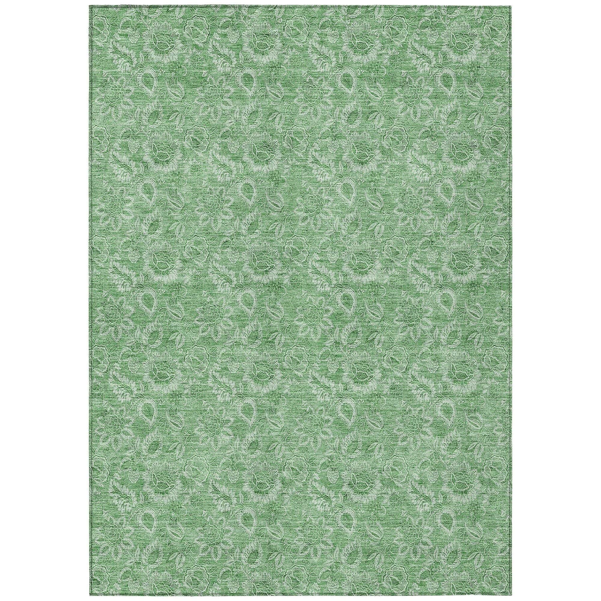 Machine Washable Green Rug - Indoor / Outdoor - Kids / Pet Friendly Floral Print Rug