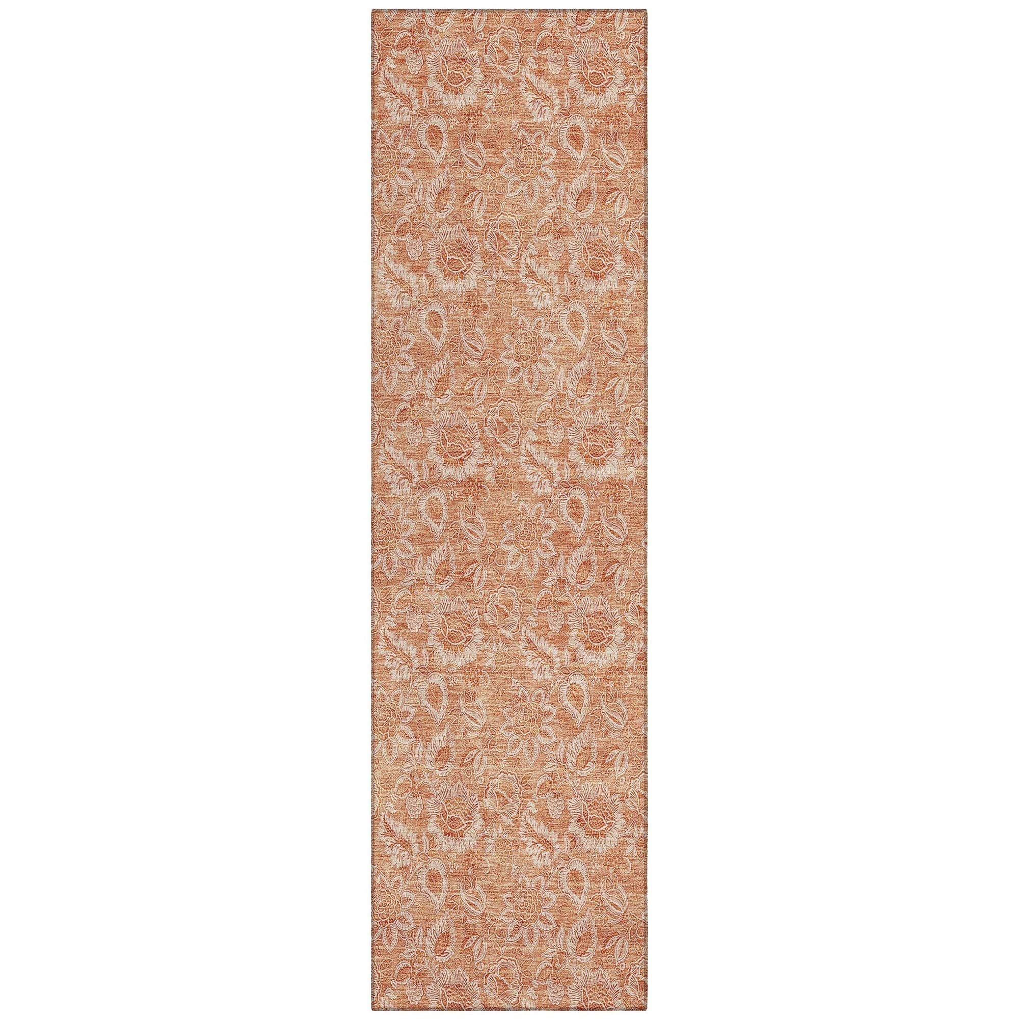 Machine Washable Salmon Orange Rug - Indoor / Outdoor - Kids / Pet Friendly Floral Print Rug