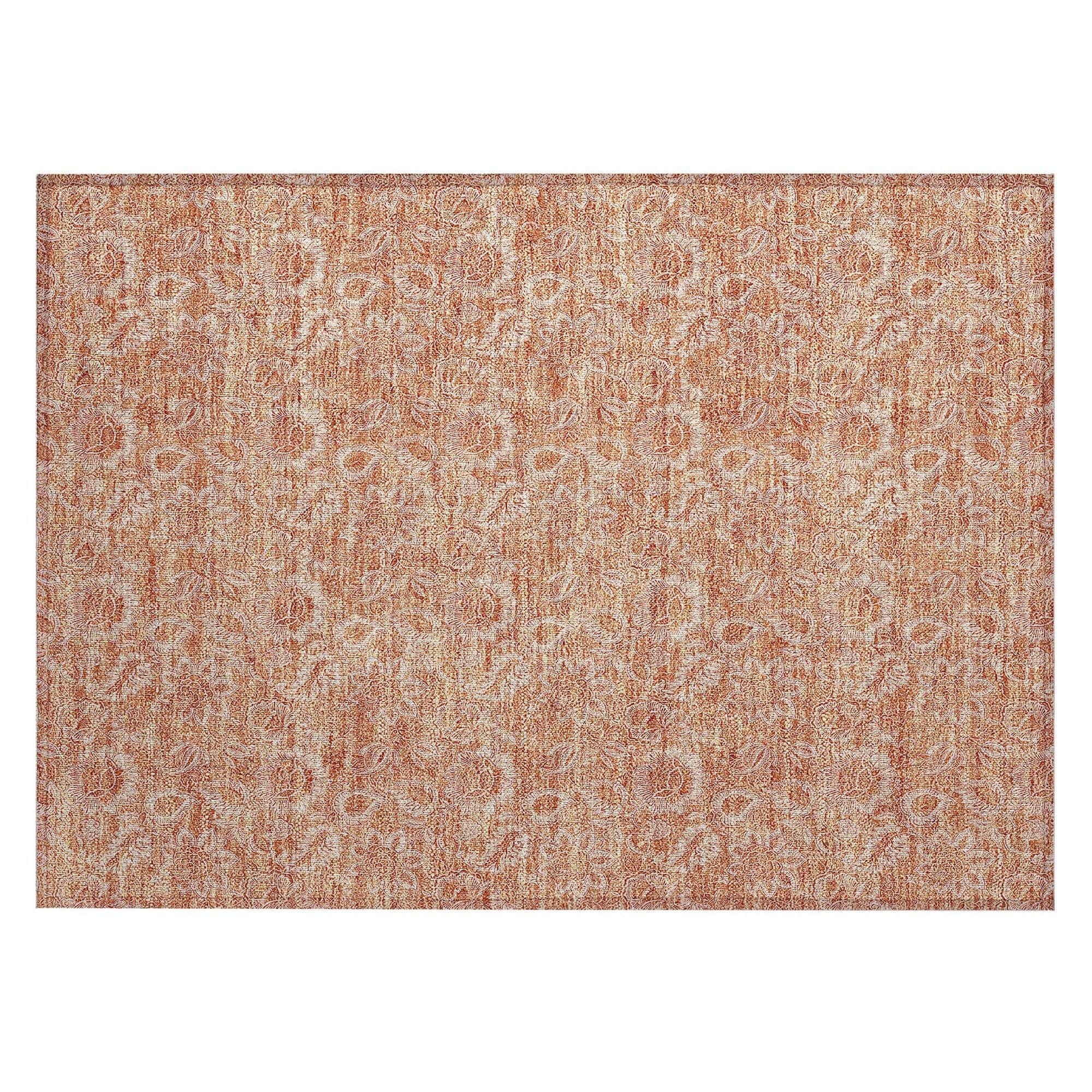 Machine Washable Salmon Orange Rug - Indoor / Outdoor - Kids / Pet Friendly Floral Print Rug