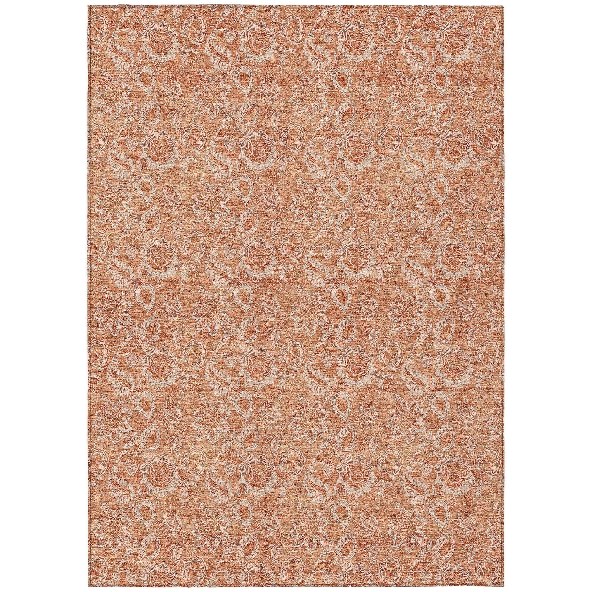 Machine Washable Salmon Orange Rug - Indoor / Outdoor - Kids / Pet Friendly Floral Print Rug