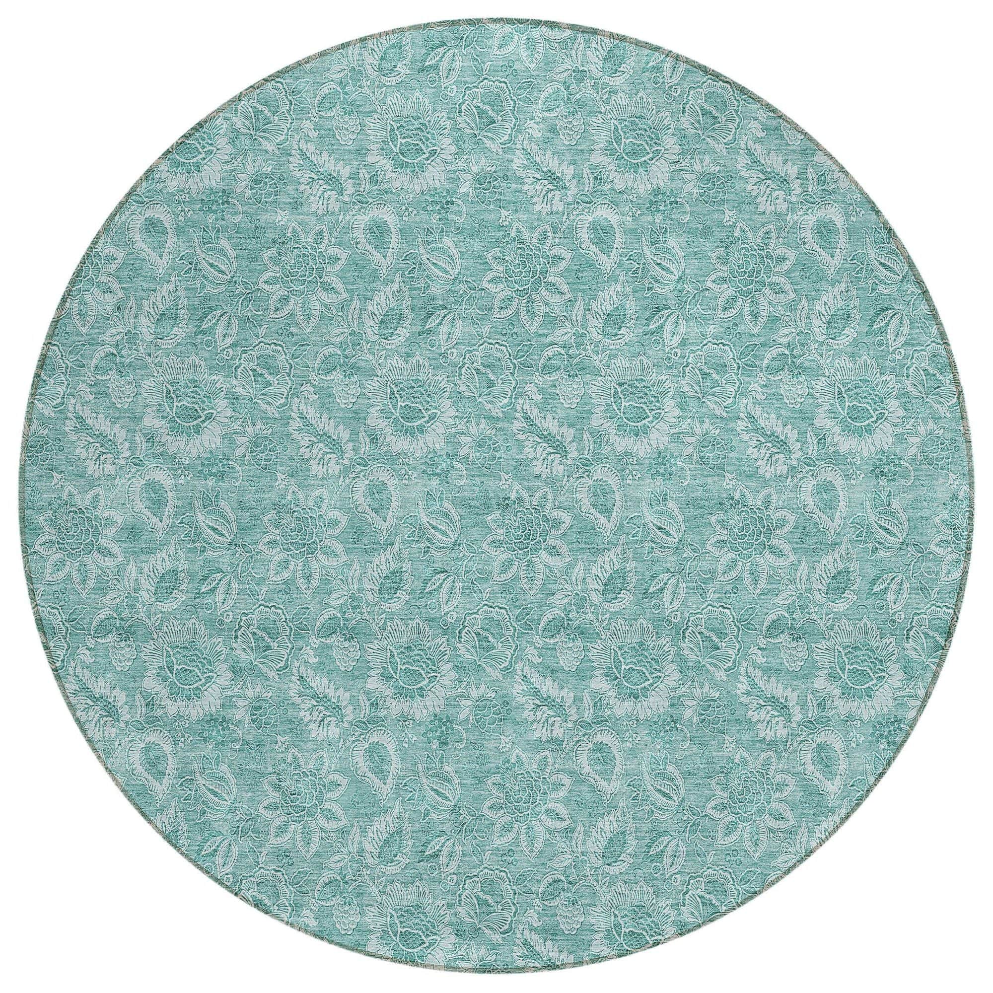 Machine Washable Teal Rug - Indoor / Outdoor - Kids / Pet Friendly Floral Print Rug