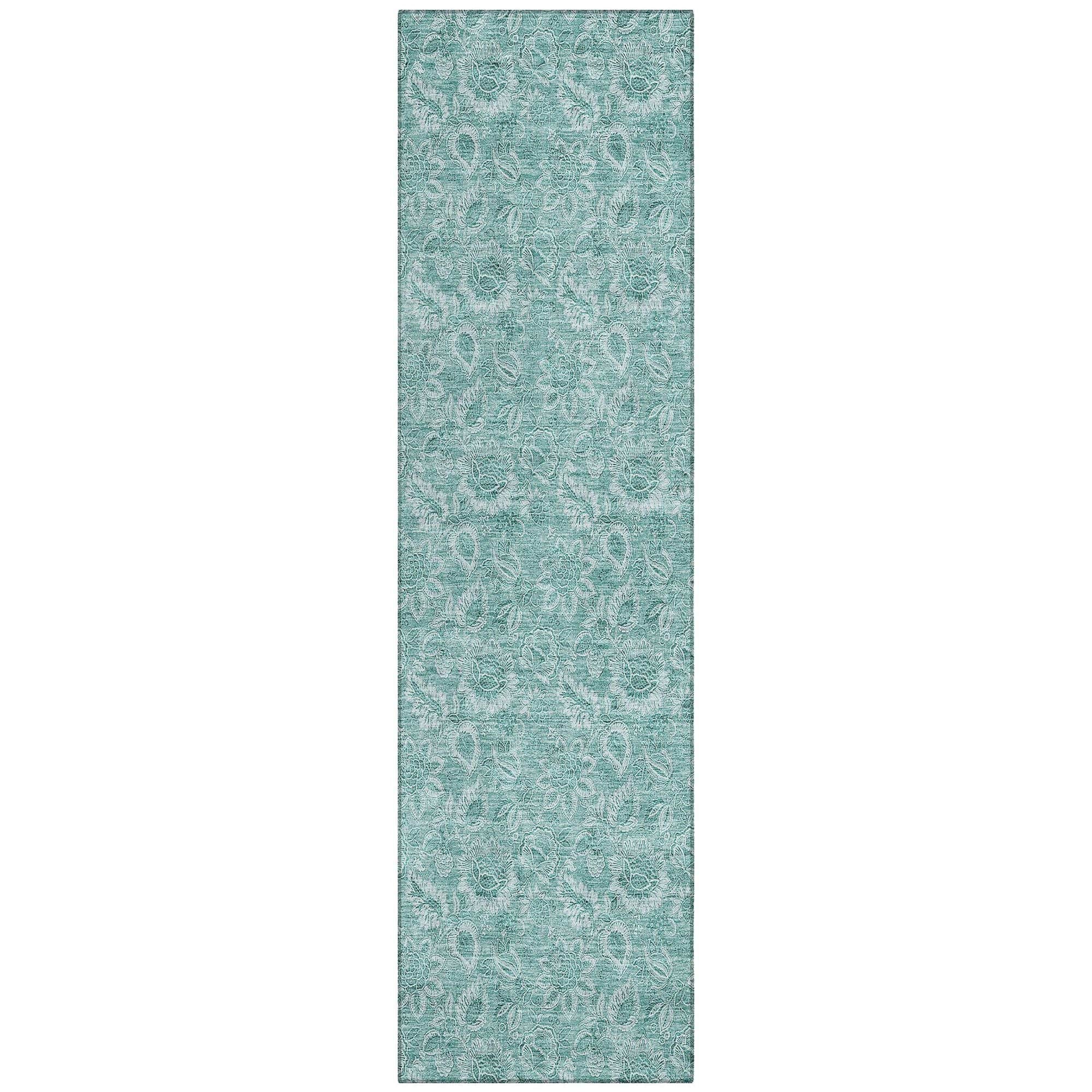 Machine Washable Teal Rug - Indoor / Outdoor - Kids / Pet Friendly Floral Print Rug