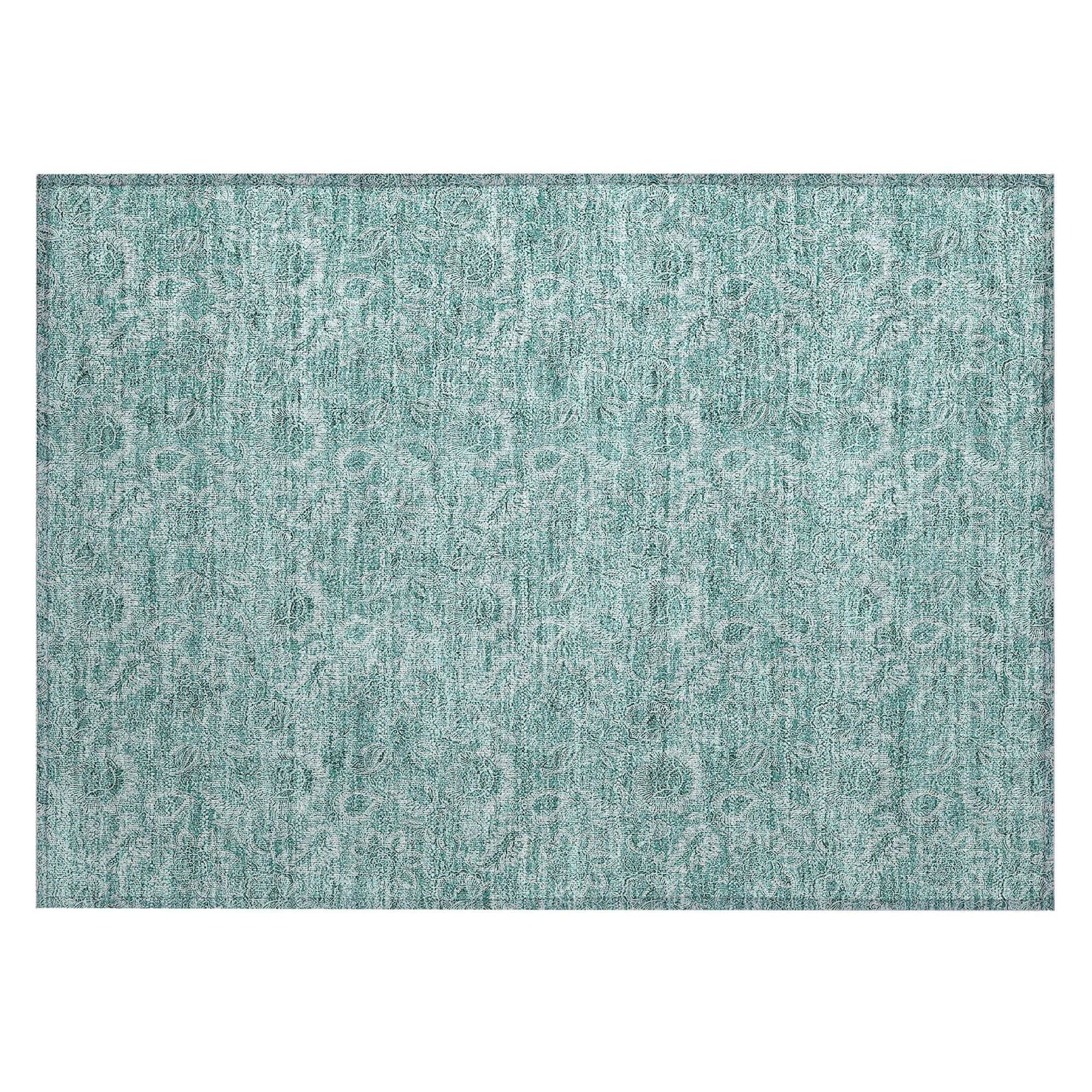 Machine Washable Teal Rug - Indoor / Outdoor - Kids / Pet Friendly Floral Print Rug