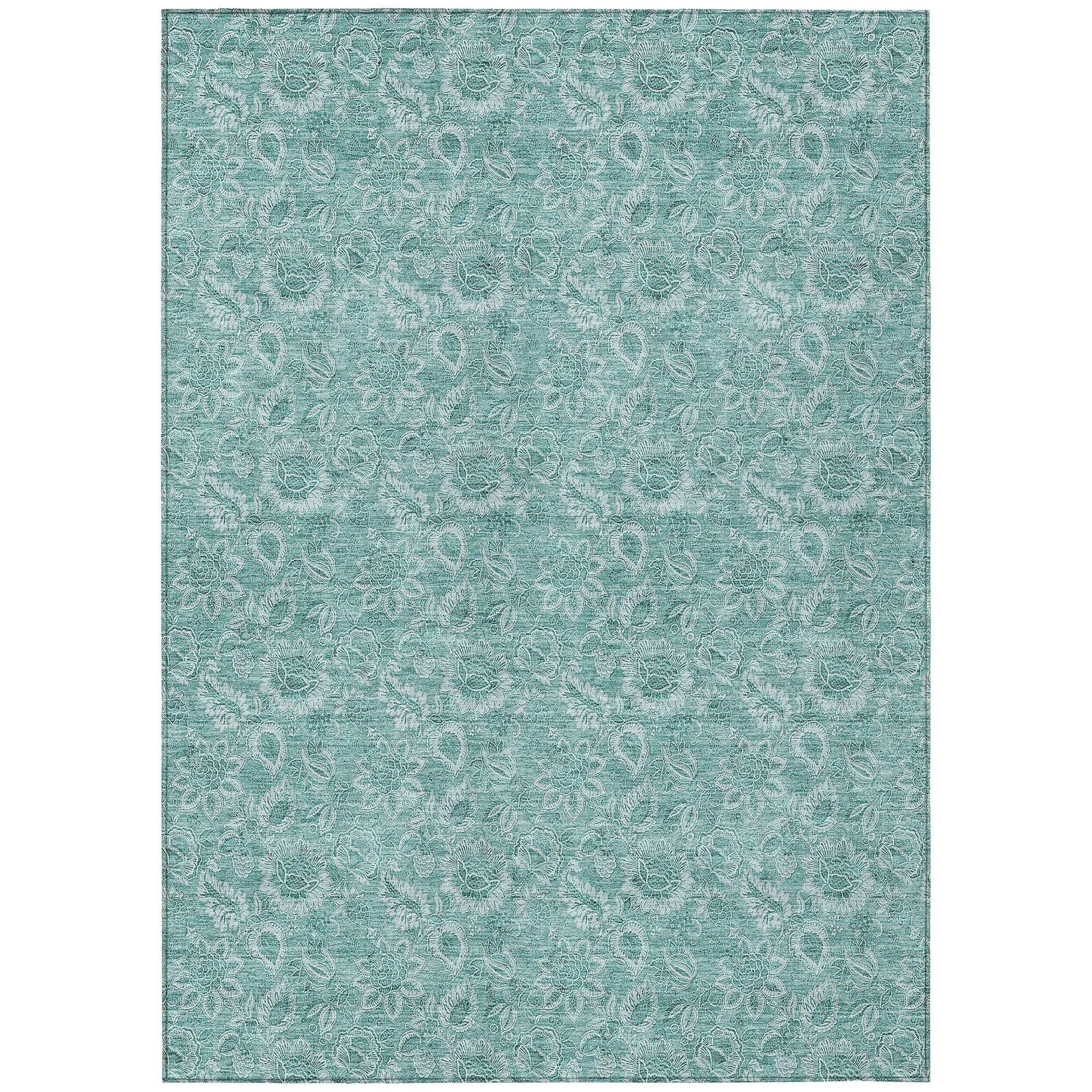 Machine Washable Teal Rug - Indoor / Outdoor - Kids / Pet Friendly Floral Print Rug