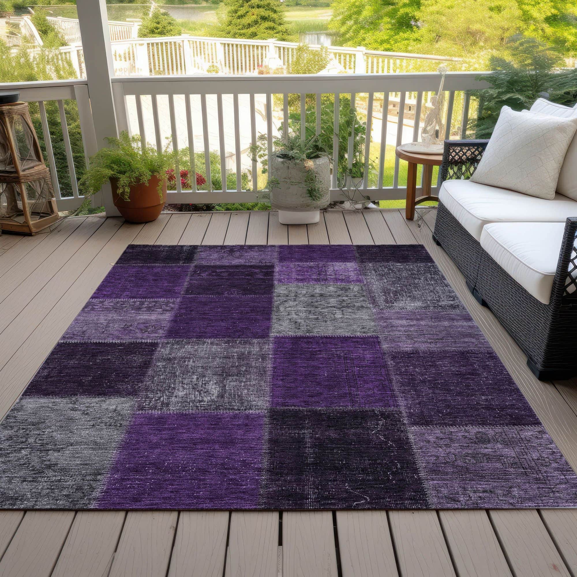 Machine Washable Eggplant Purple Rug - Indoor / Outdoor - Kids / Pet Friendly Patchwork Print Rug