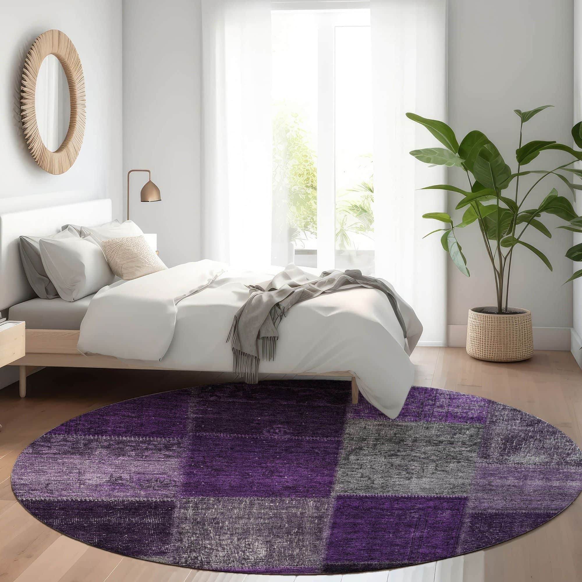 Machine Washable Eggplant Purple Rug - Indoor / Outdoor - Kids / Pet Friendly Patchwork Print Rug
