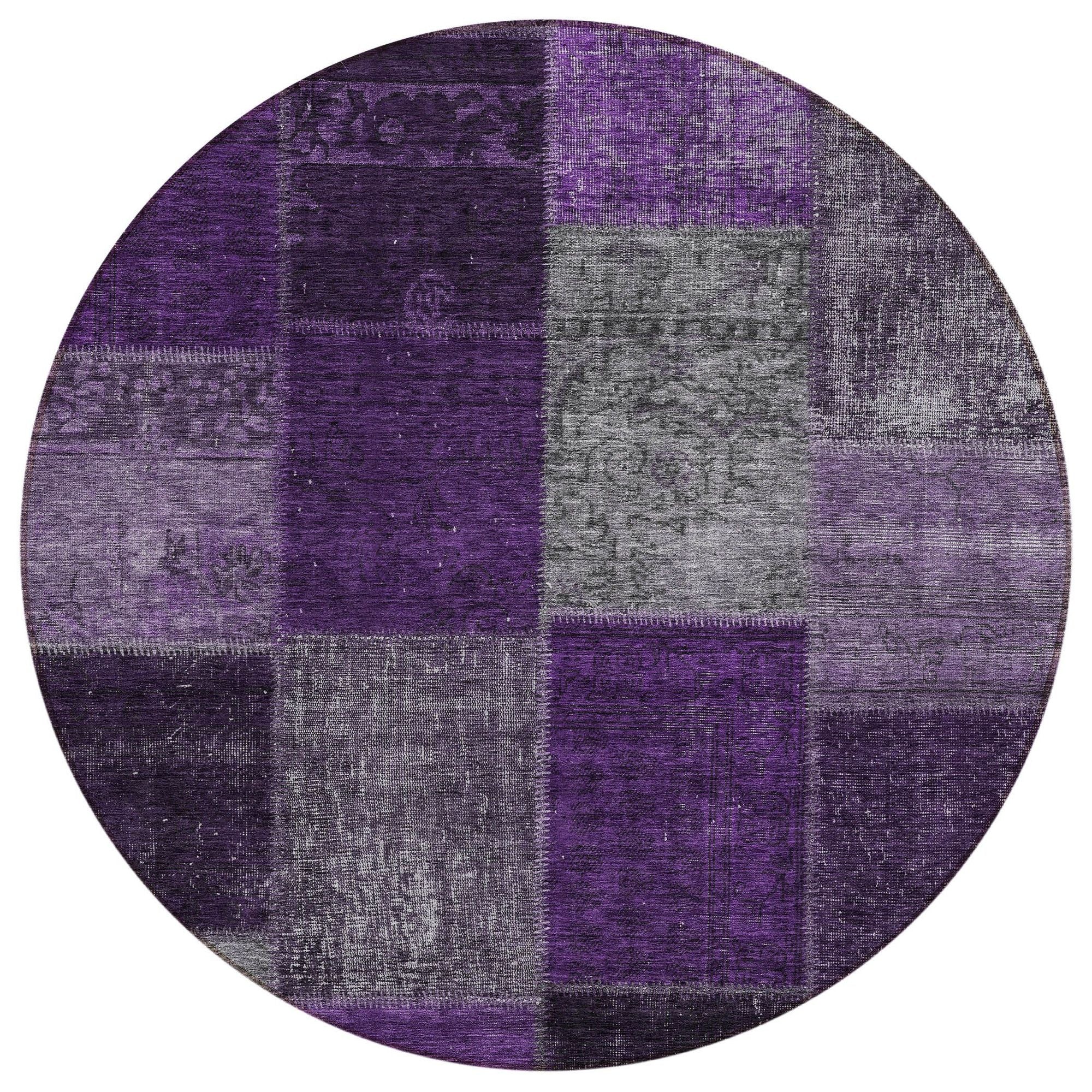 Machine Washable Eggplant Purple Rug - Indoor / Outdoor - Kids / Pet Friendly Patchwork Print Rug