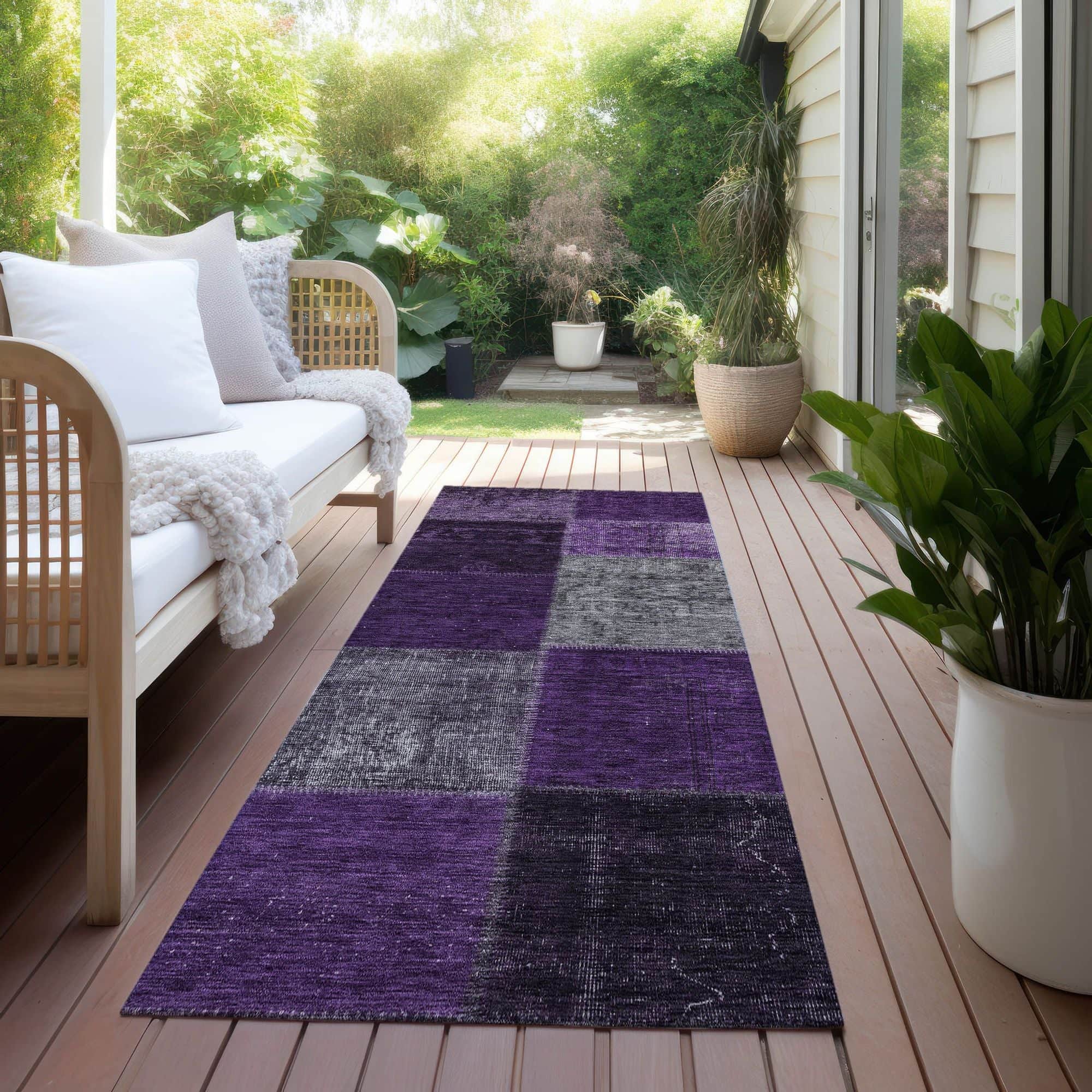 Machine Washable Eggplant Purple Rug - Indoor / Outdoor - Kids / Pet Friendly Patchwork Print Rug