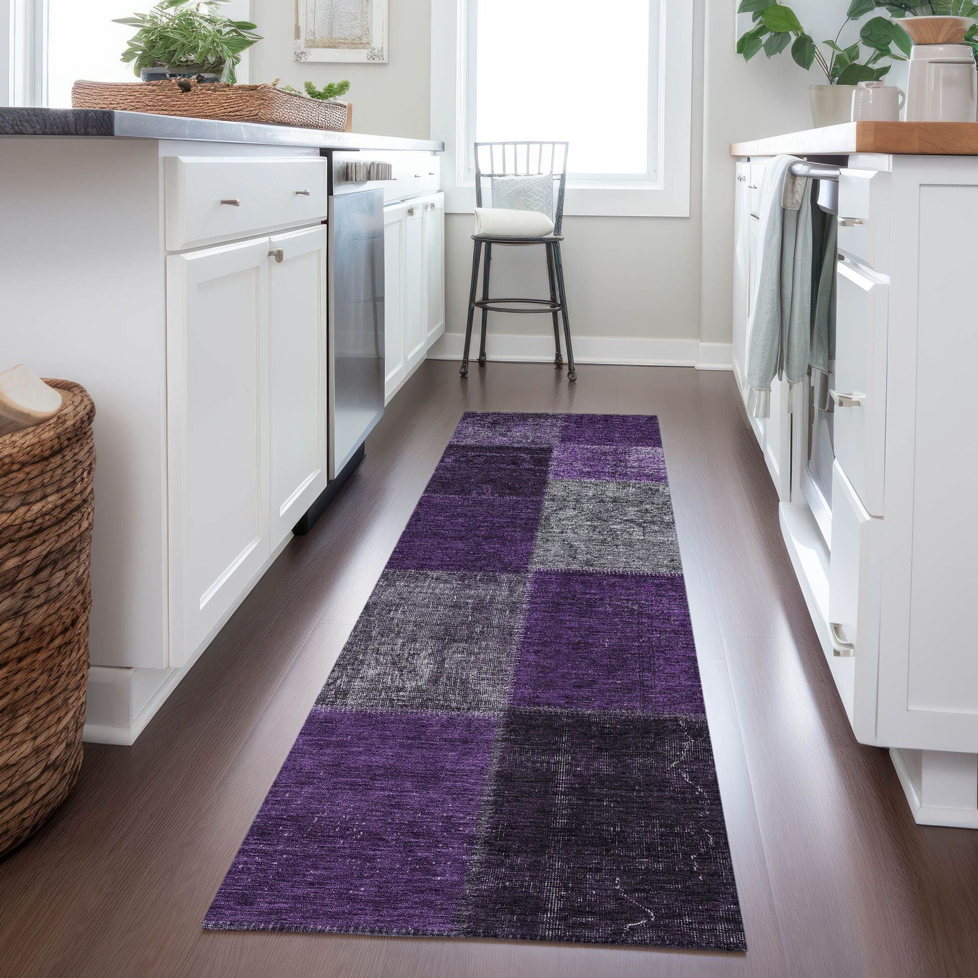 Machine Washable Eggplant Purple Rug - Indoor / Outdoor - Kids / Pet Friendly Patchwork Print Rug