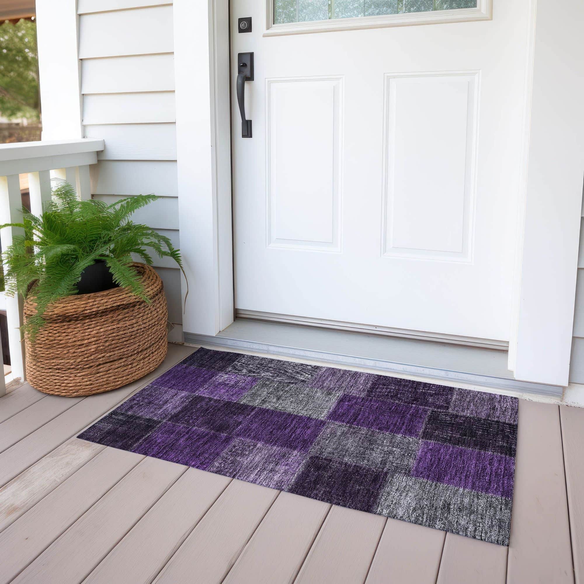 Machine Washable Eggplant Purple Rug - Indoor / Outdoor - Kids / Pet Friendly Patchwork Print Rug