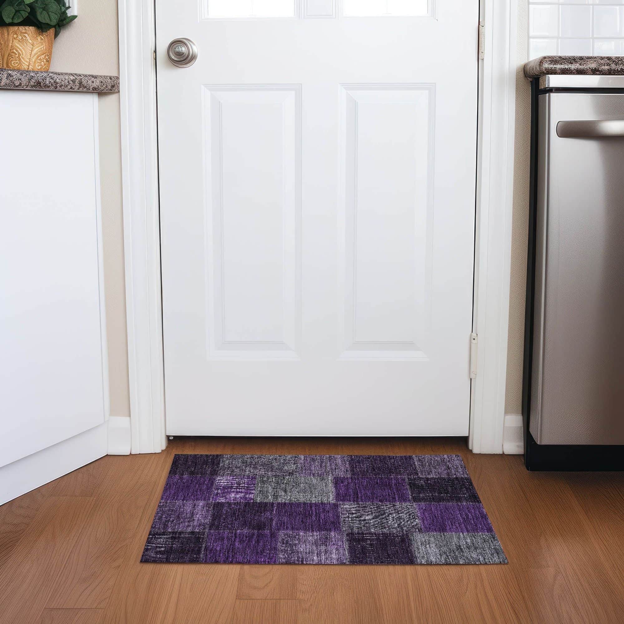 Machine Washable Eggplant Purple Rug - Indoor / Outdoor - Kids / Pet Friendly Patchwork Print Rug