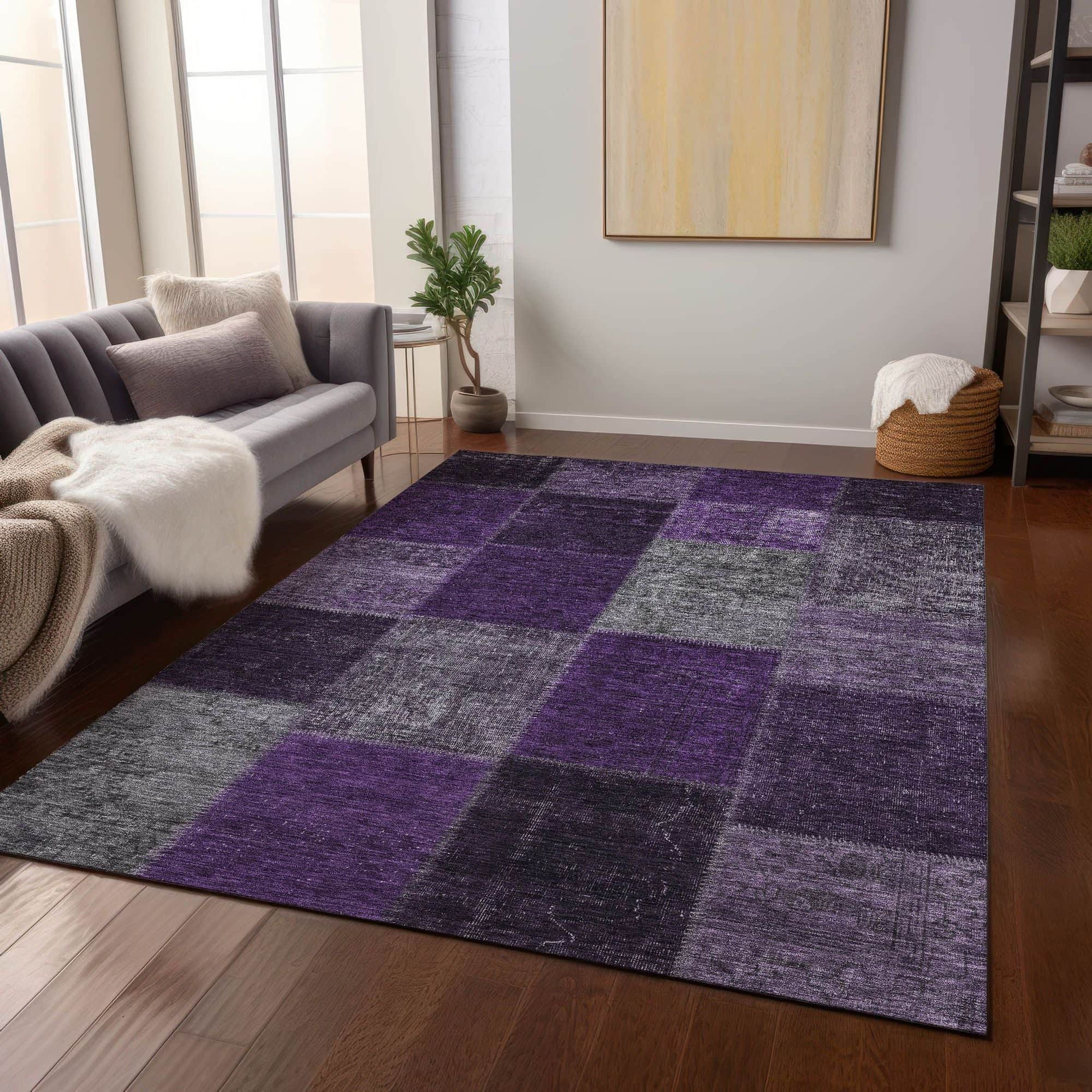 Machine Washable Eggplant Purple Rug - Indoor / Outdoor - Kids / Pet Friendly Patchwork Print Rug