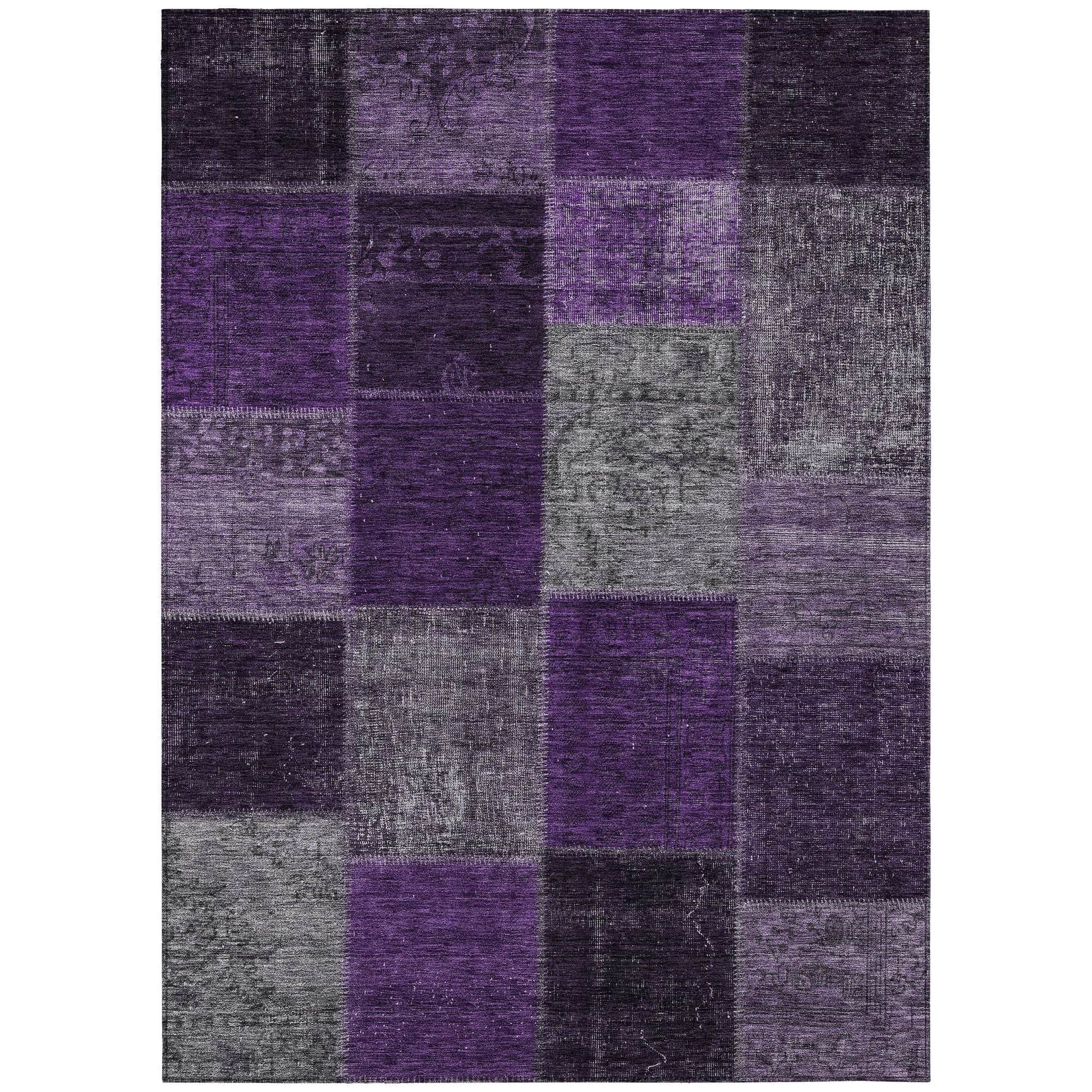Machine Washable Eggplant Purple Rug - Indoor / Outdoor - Kids / Pet Friendly Patchwork Print Rug