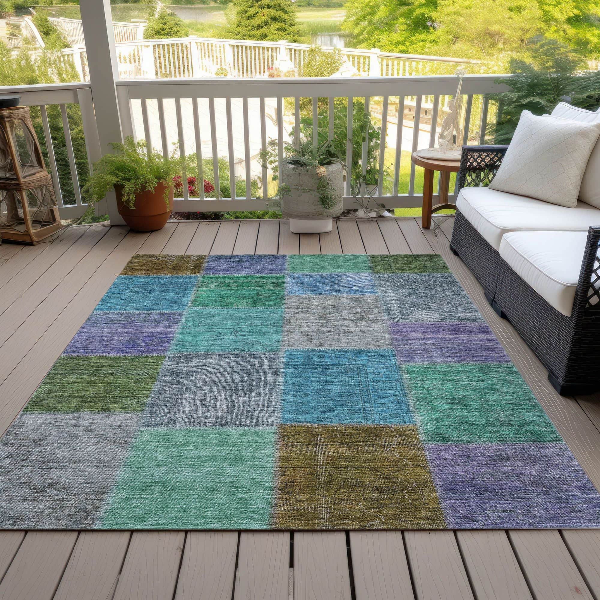 Machine Washable Green Rug - Indoor / Outdoor - Kids / Pet Friendly Patchwork Print Rug