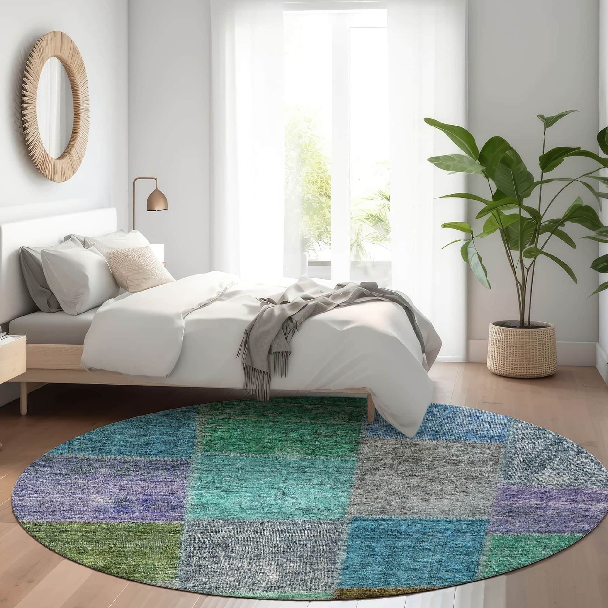 Machine Washable Green Rug - Indoor / Outdoor - Kids / Pet Friendly Patchwork Print Rug
