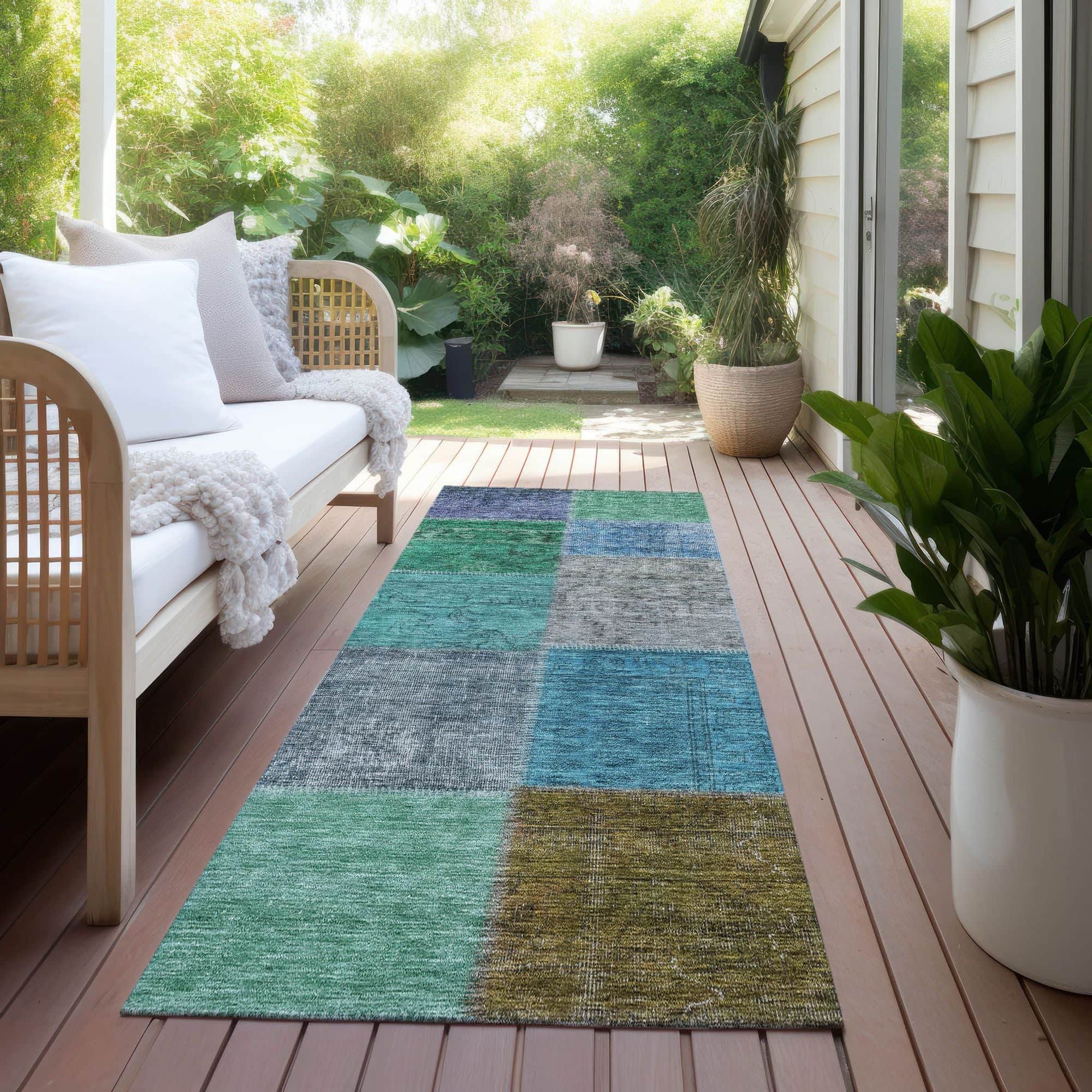 Machine Washable Green Rug - Indoor / Outdoor - Kids / Pet Friendly Patchwork Print Rug