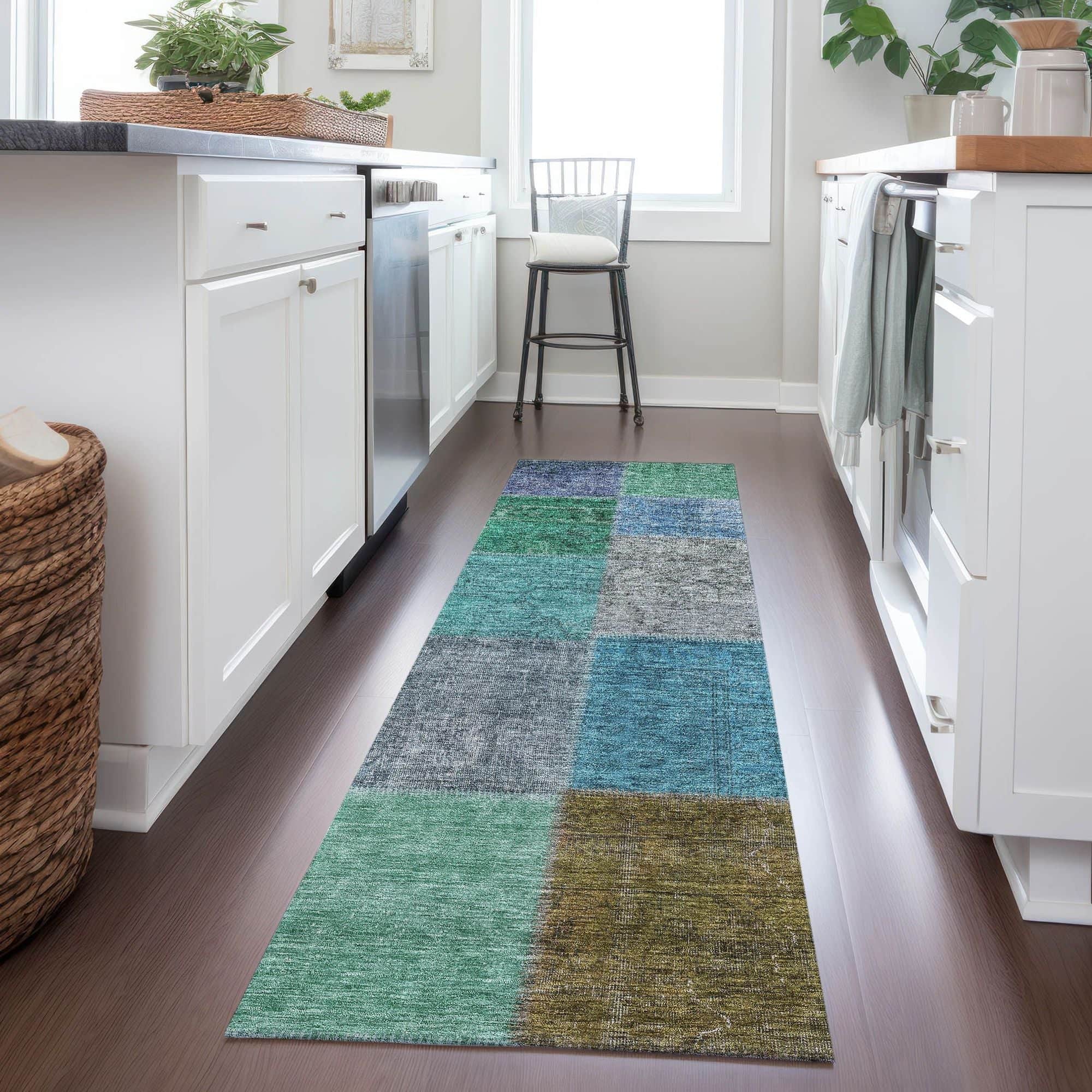 Machine Washable Green Rug - Indoor / Outdoor - Kids / Pet Friendly Patchwork Print Rug