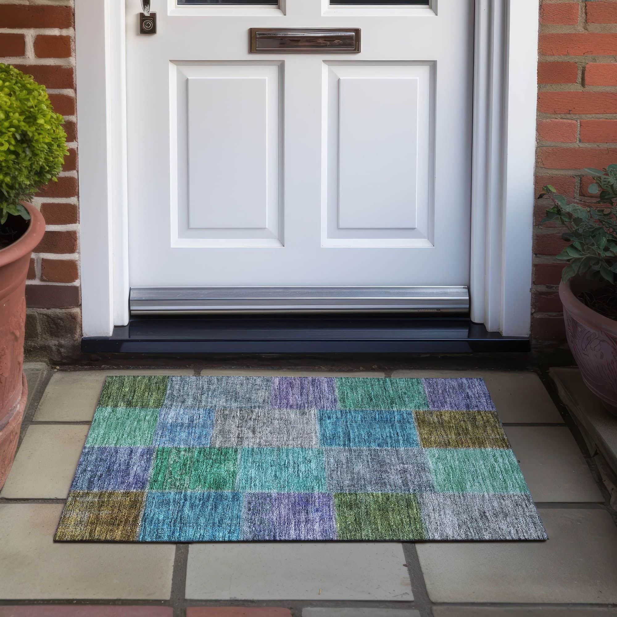 Machine Washable Green Rug - Indoor / Outdoor - Kids / Pet Friendly Patchwork Print Rug