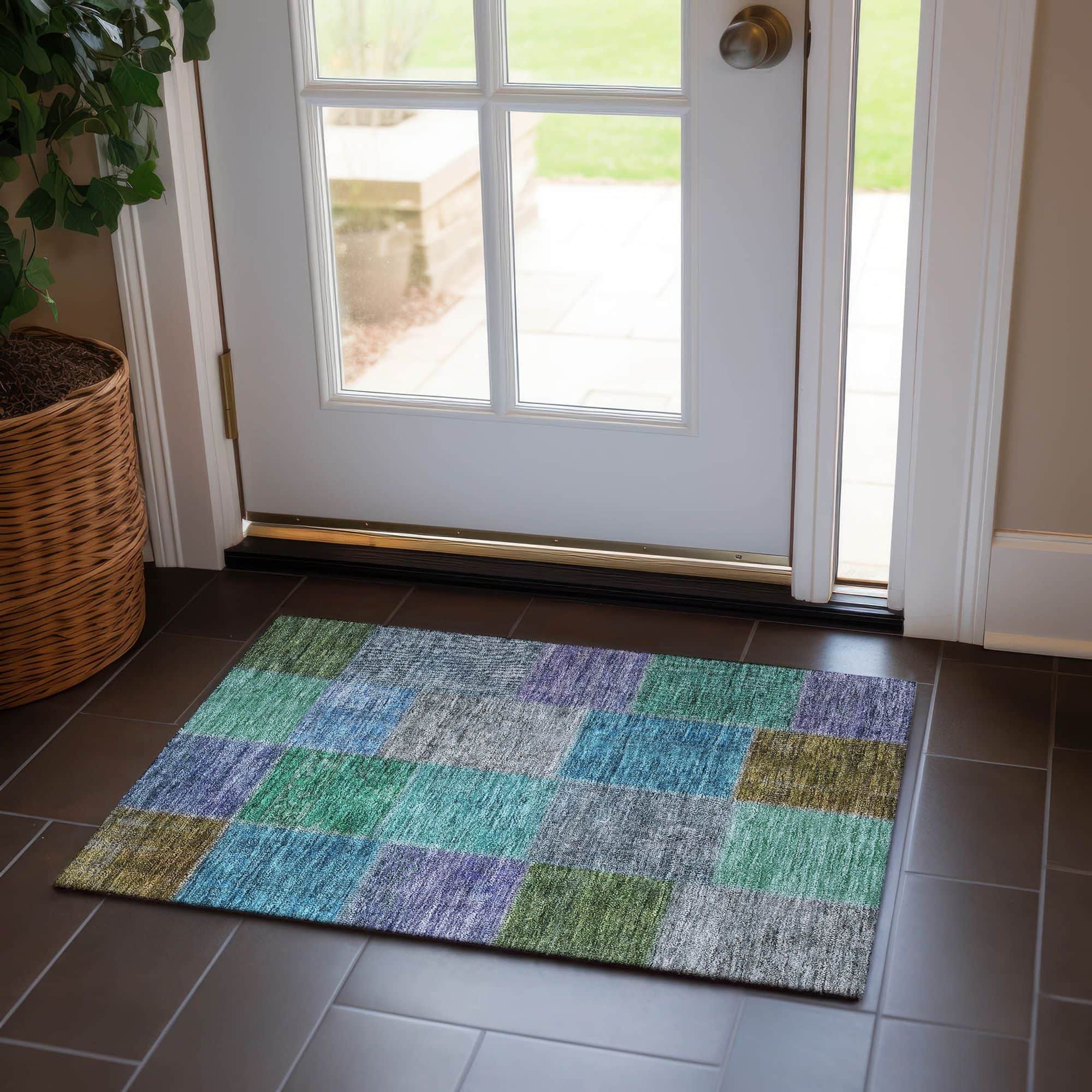 Machine Washable Green Rug - Indoor / Outdoor - Kids / Pet Friendly Patchwork Print Rug