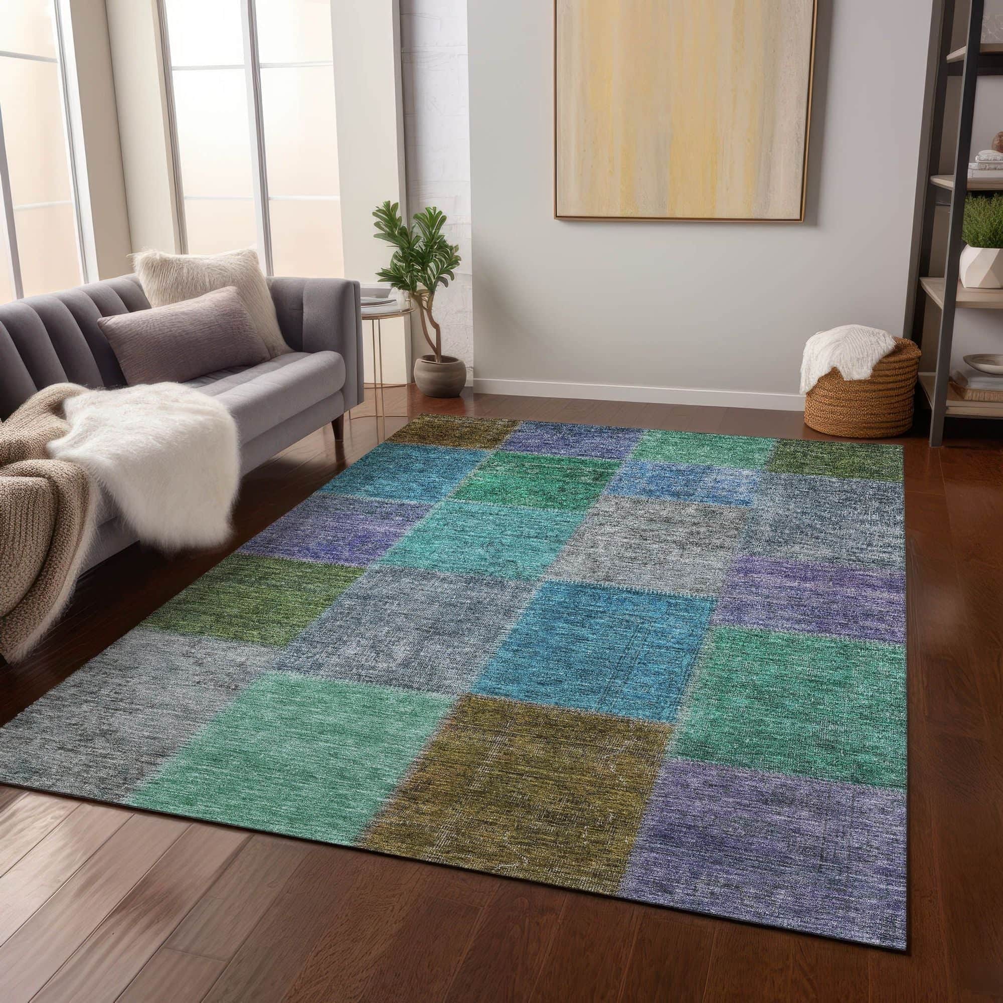 Machine Washable Green Rug - Indoor / Outdoor - Kids / Pet Friendly Patchwork Print Rug