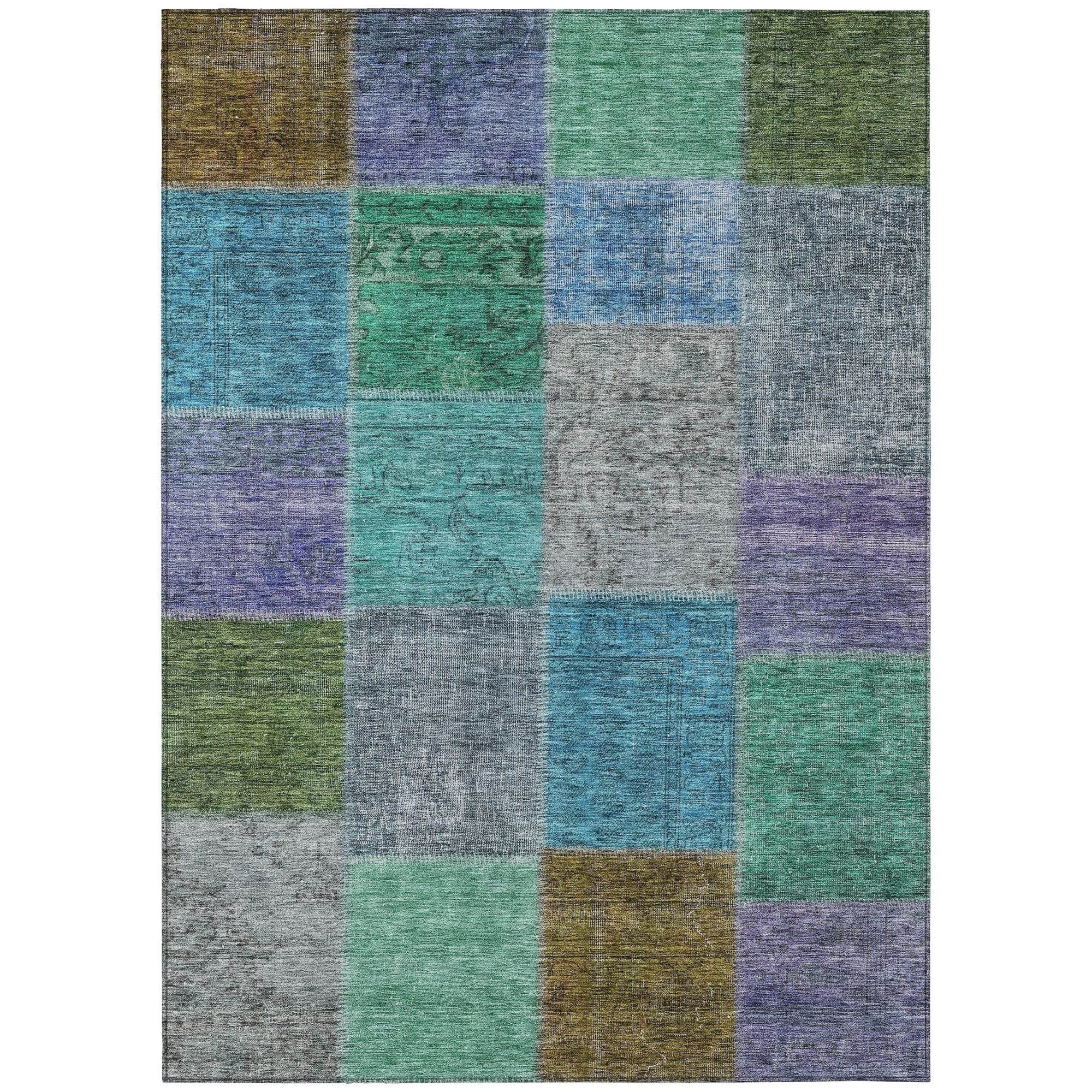 Machine Washable Green Rug - Indoor / Outdoor - Kids / Pet Friendly Patchwork Print Rug
