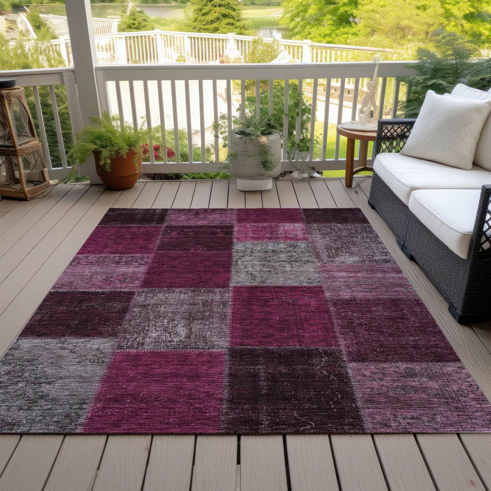 Machine Washable Merlot Red Rug - Indoor / Outdoor - Kids / Pet Friendly Patchwork Print Rug