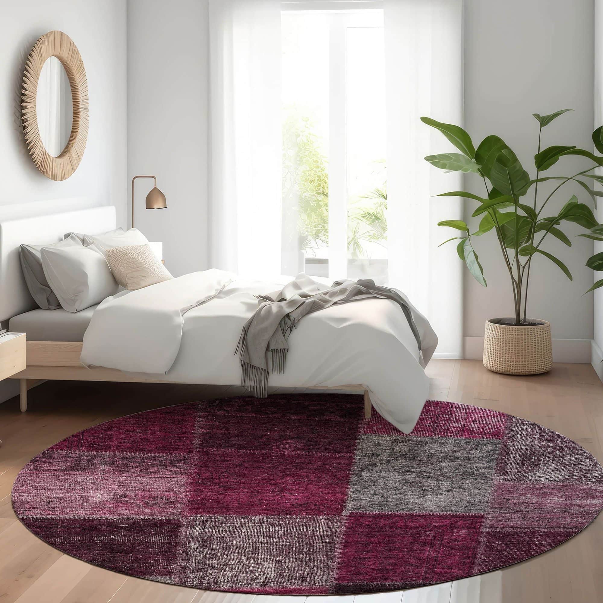 Machine Washable Merlot Red Rug - Indoor / Outdoor - Kids / Pet Friendly Patchwork Print Rug