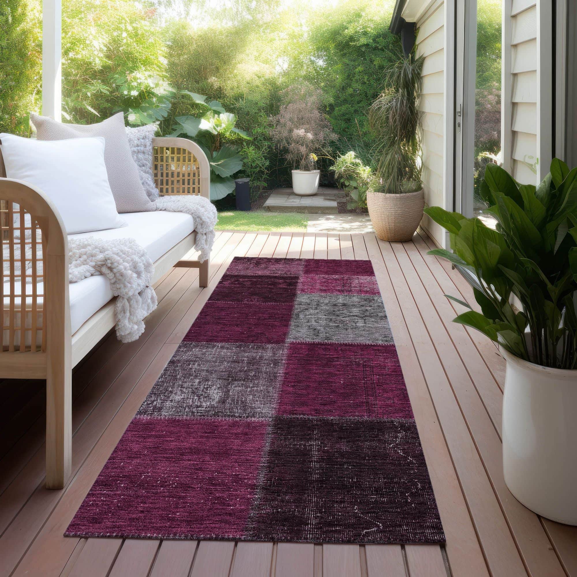 Machine Washable Merlot Red Rug - Indoor / Outdoor - Kids / Pet Friendly Patchwork Print Rug