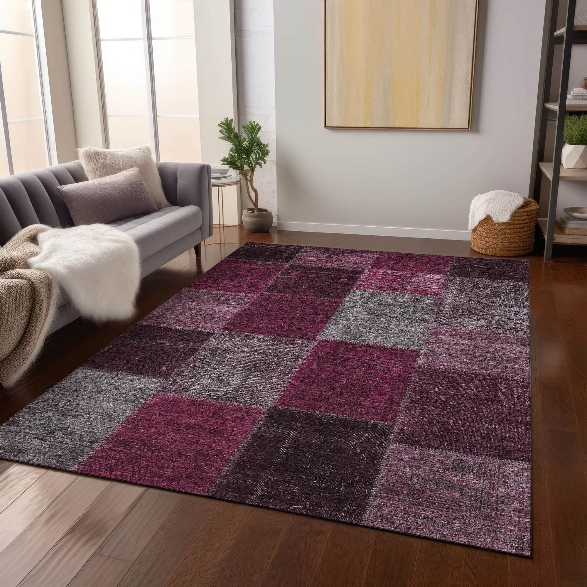 Machine Washable Merlot Red Rug - Indoor / Outdoor - Kids / Pet Friendly Patchwork Print Rug
