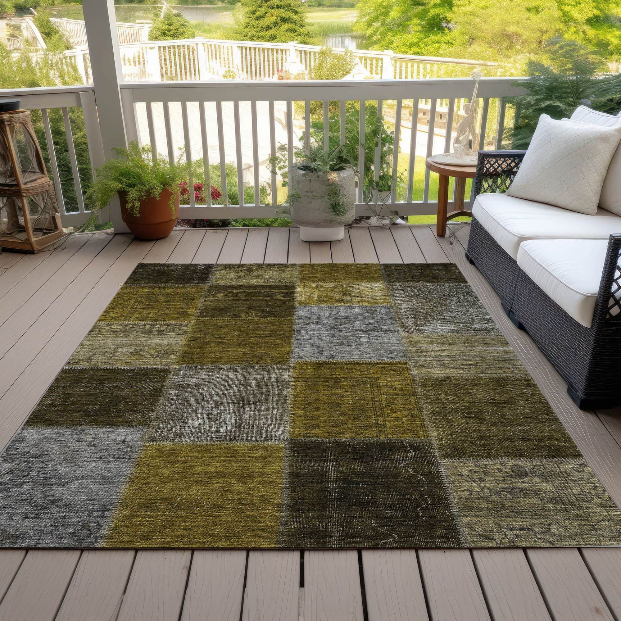 Machine Washable Mocha Brown Rug - Indoor / Outdoor - Kids / Pet Friendly Patchwork Print Rug