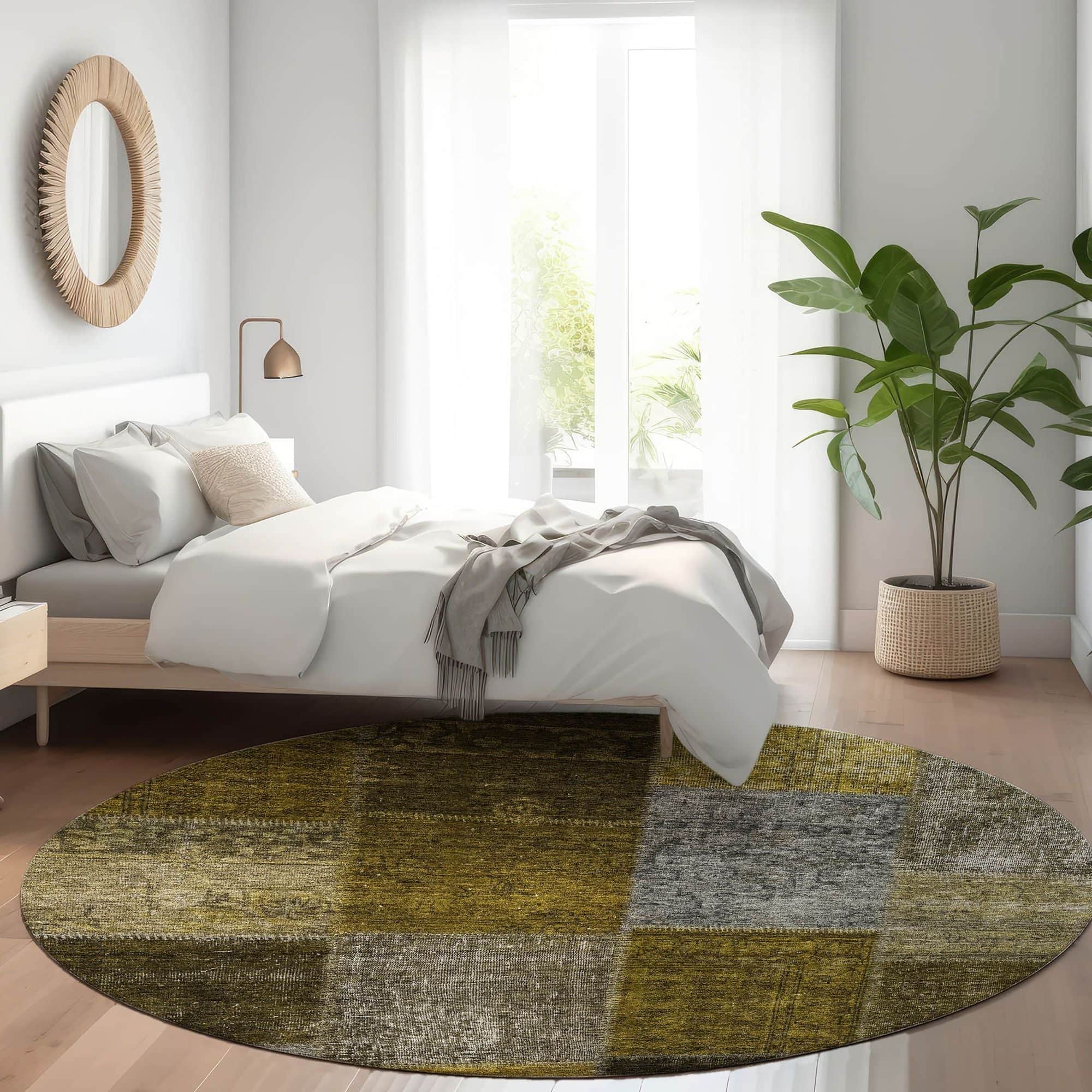 Machine Washable Mocha Brown Rug - Indoor / Outdoor - Kids / Pet Friendly Patchwork Print Rug