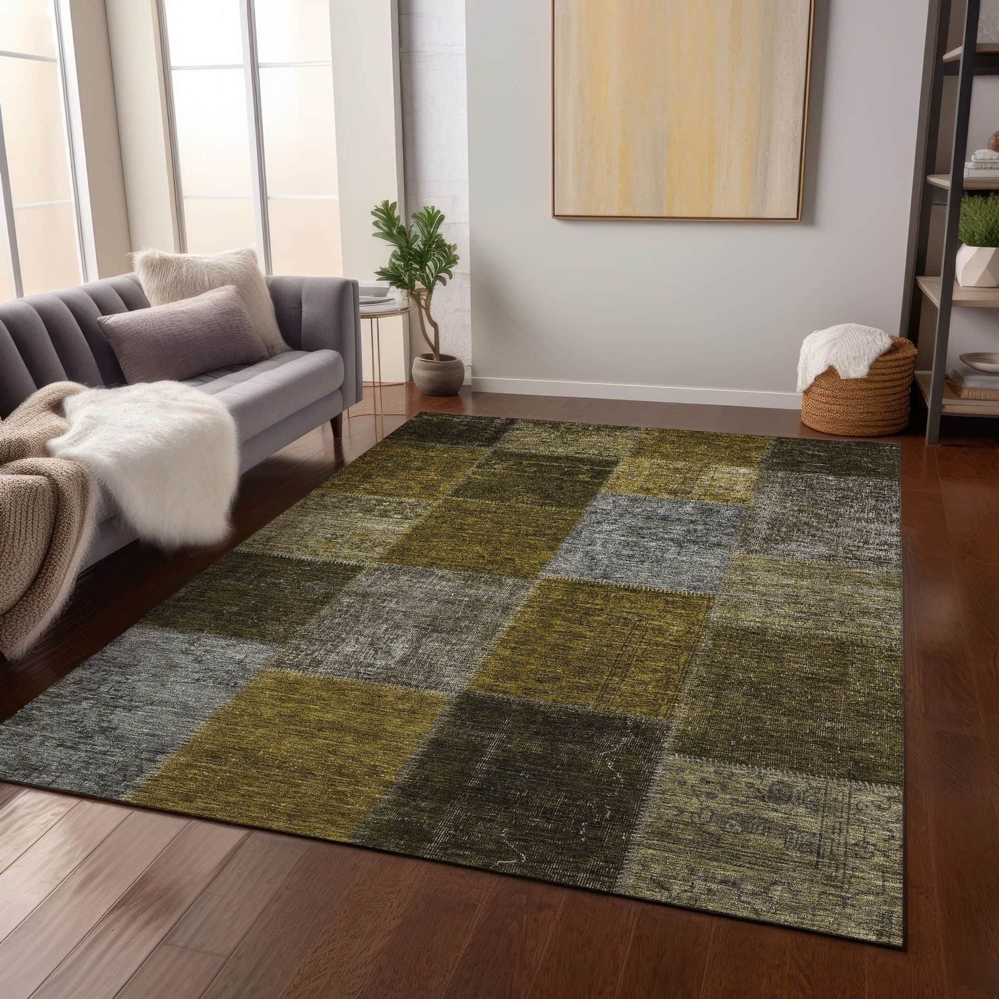 Machine Washable Mocha Brown Rug - Indoor / Outdoor - Kids / Pet Friendly Patchwork Print Rug