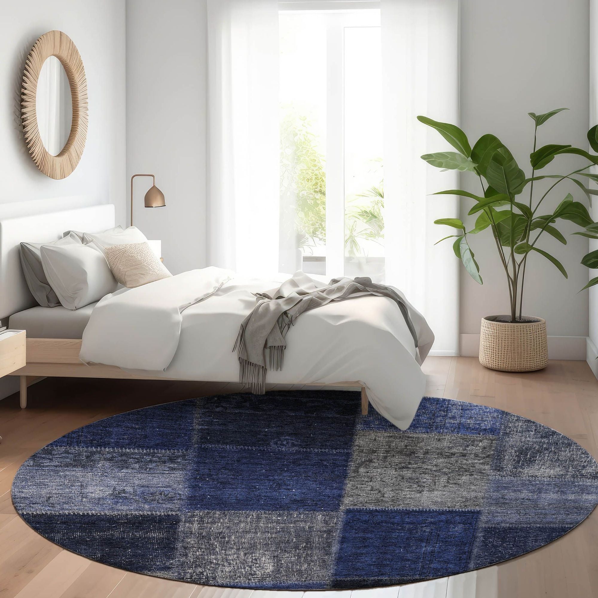 Machine Washable Navy Blue Rug - Indoor / Outdoor - Kids / Pet Friendly Patchwork Print Rug